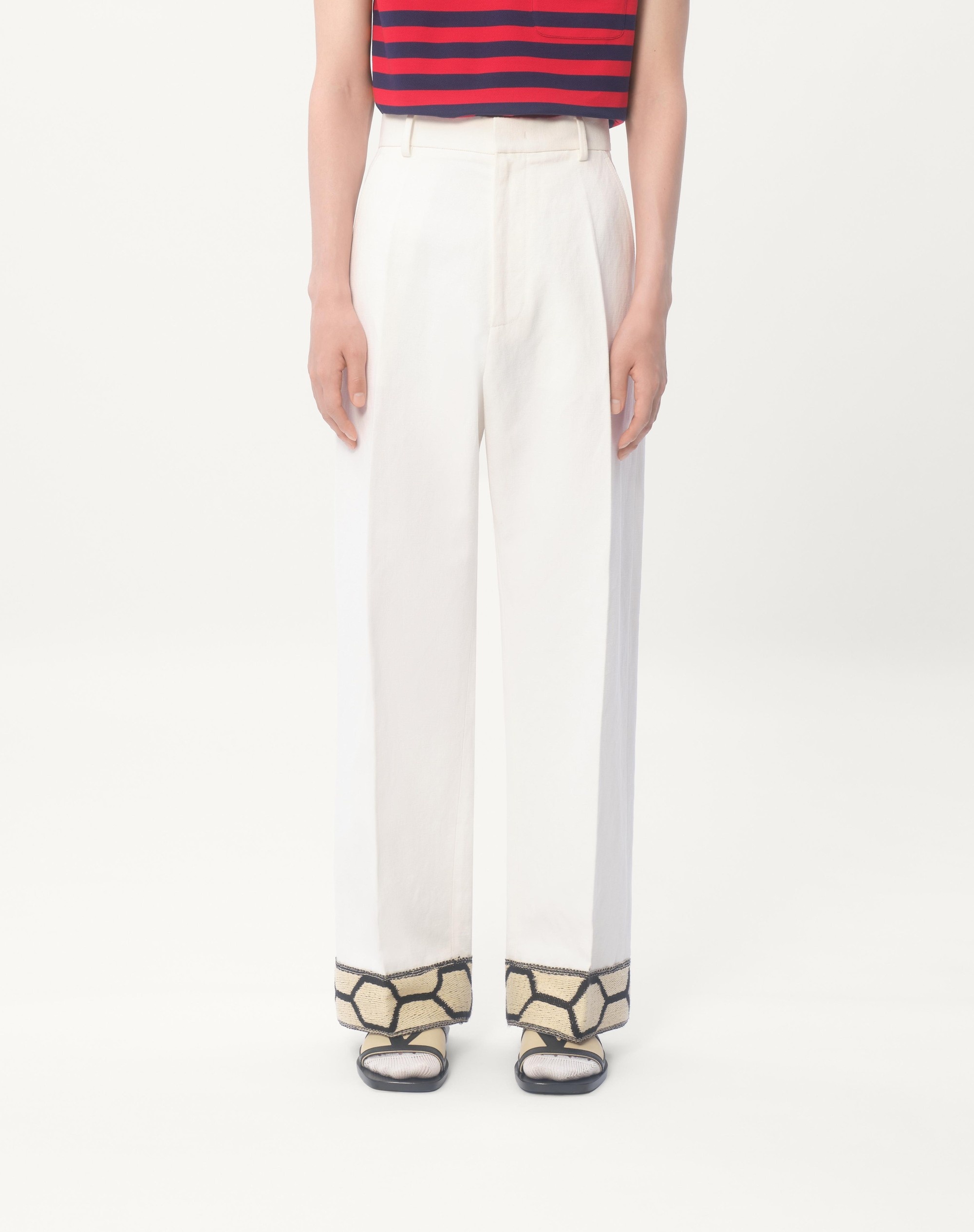 COTTON AND LINEN PANTS WITH JACQUARD HEM - 4
