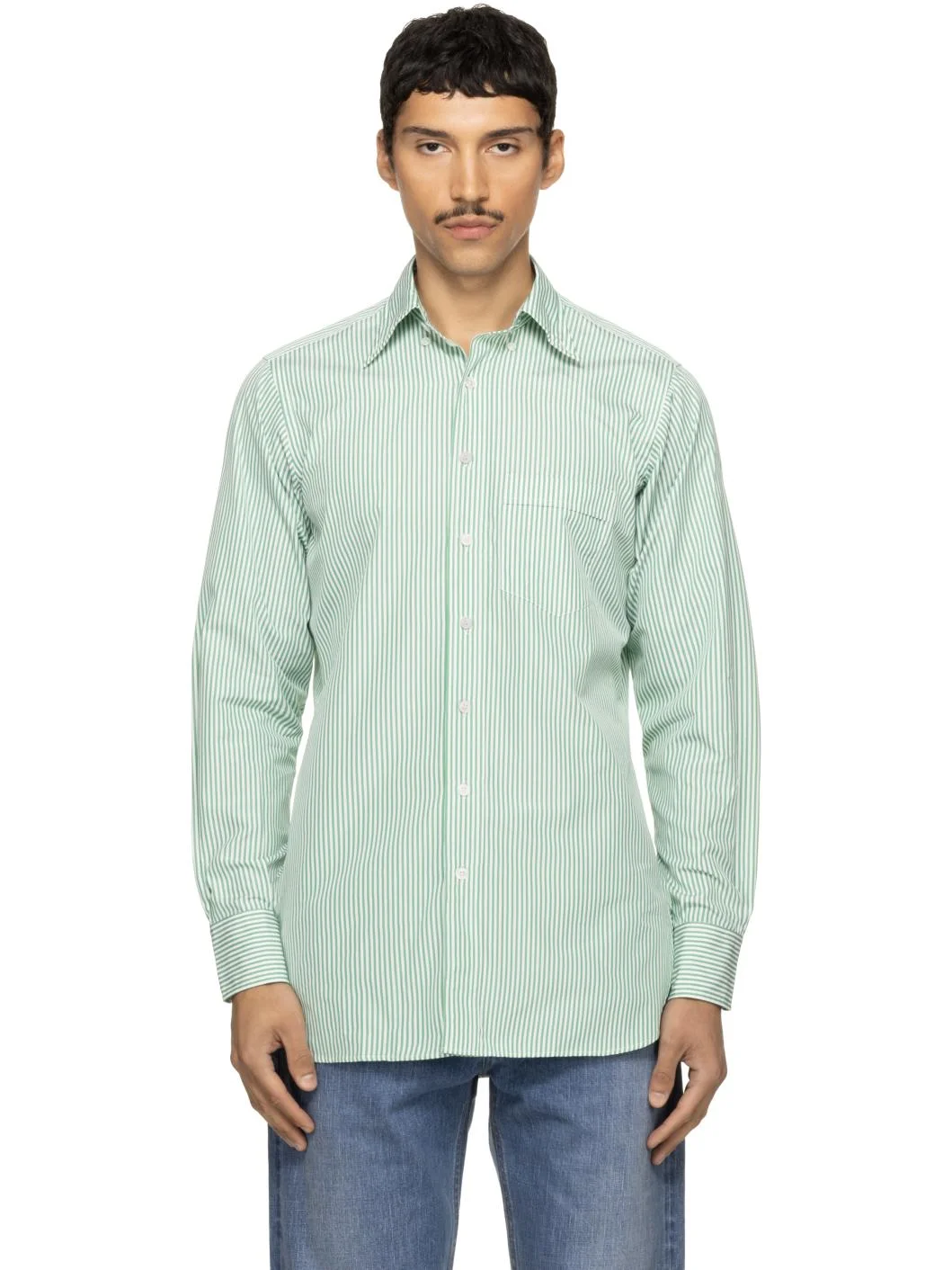 Green Narrow Stripe Cotton Poplin Button-Down Shirt - 1