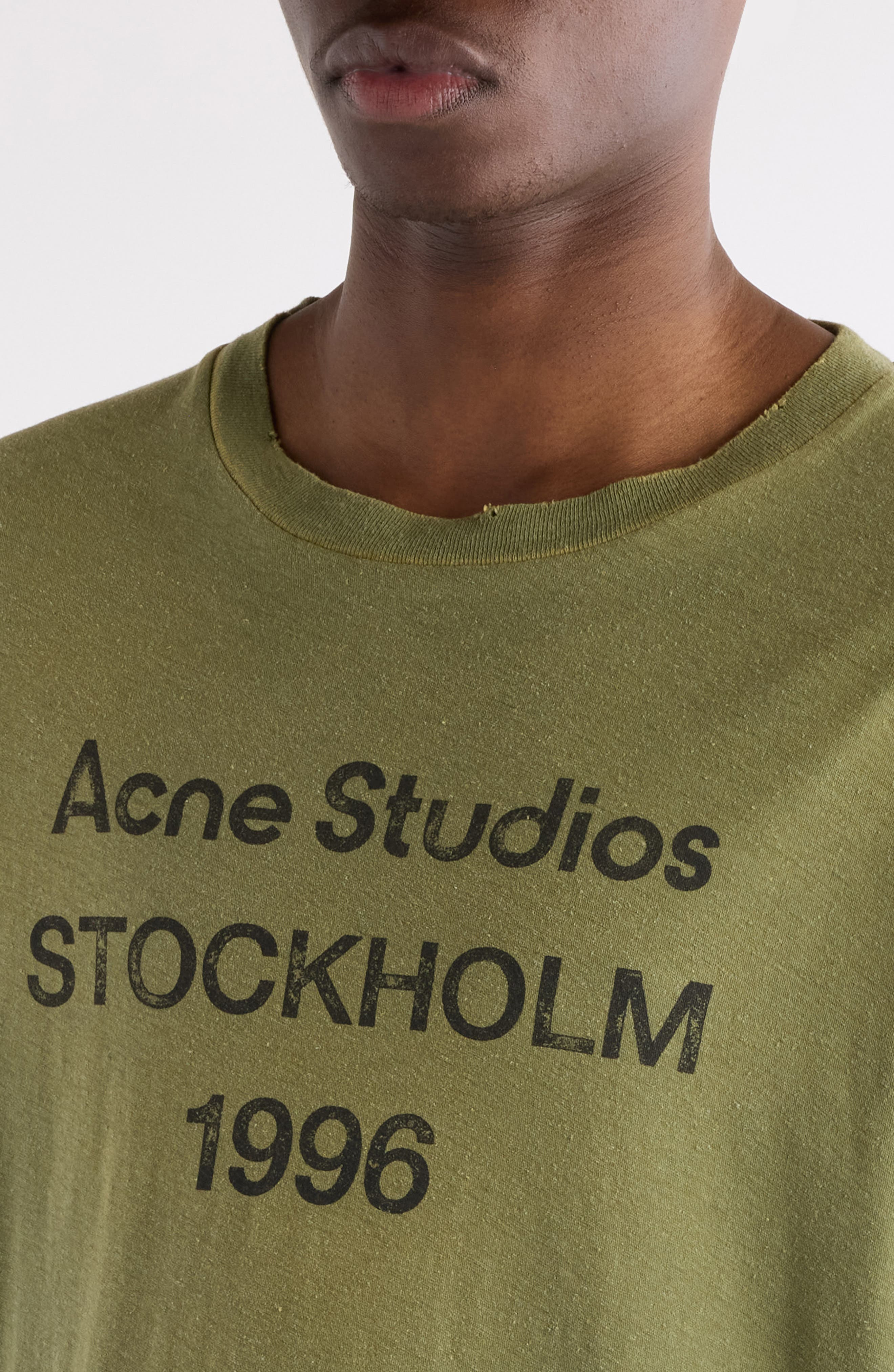 Acne Studios 1996 Logo Distressed Cotton & Hemp Graphic Tee in Olive Green at Nordstrom - 5