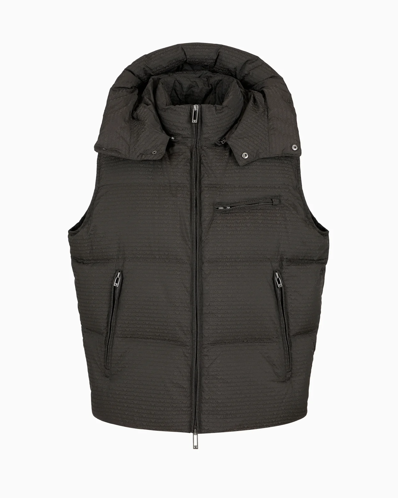 Zipped, hooded sleeveless down jacket in jacquard nylon with all-over logo lettering - 1