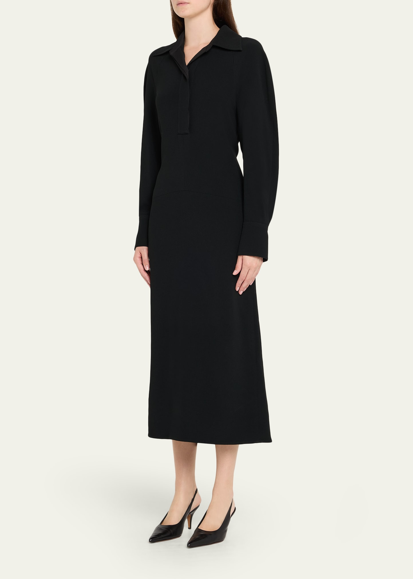 Long-Sleeve Polo Collar Midi Dress - 4