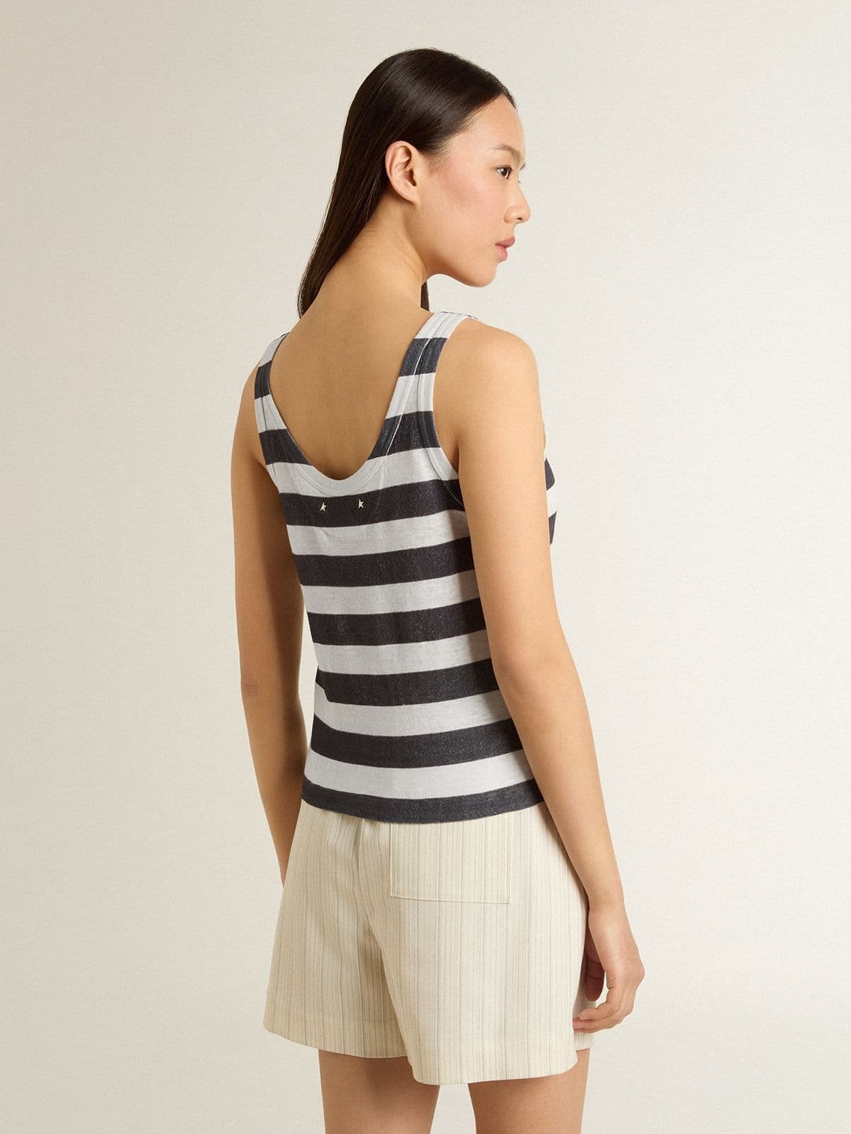 Women's white and blue striped linen jersey top with lobster print - 4