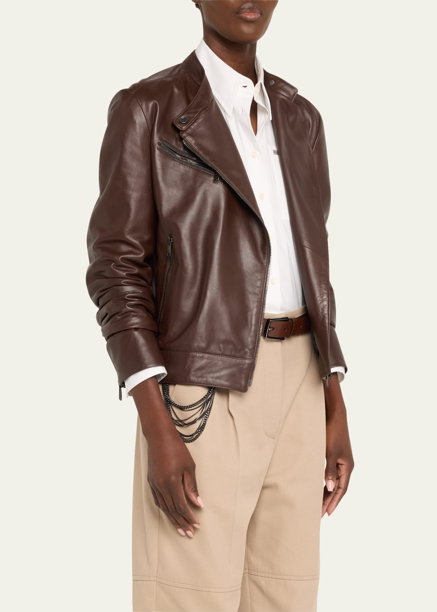 Smooth Glove Leather Biker Jacket With Monili Zip Pocket - 4