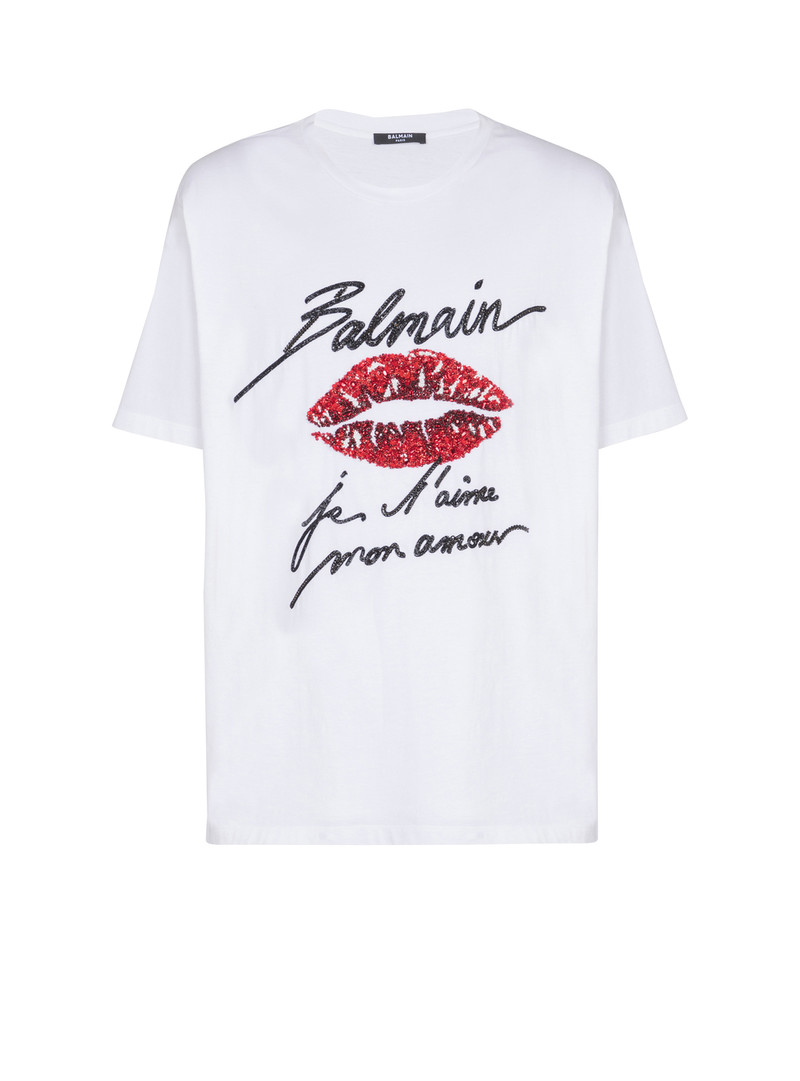 Embroidered T-shirt with Balmain "Love Letter" and Lips - 1