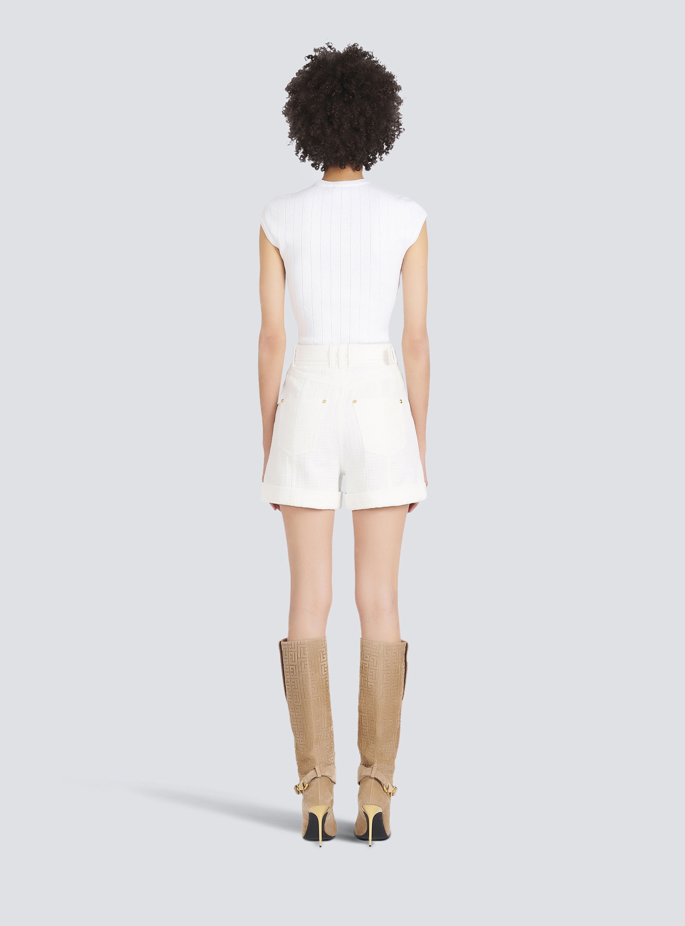 Denim high-waisted shorts with Balmain buckle - 4