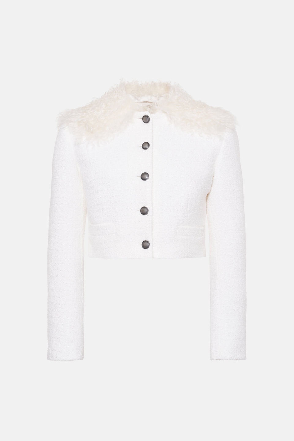 CHECKED TWEED BOUCLE CROPPED JACKET W/ WOOL COLLAR - 1