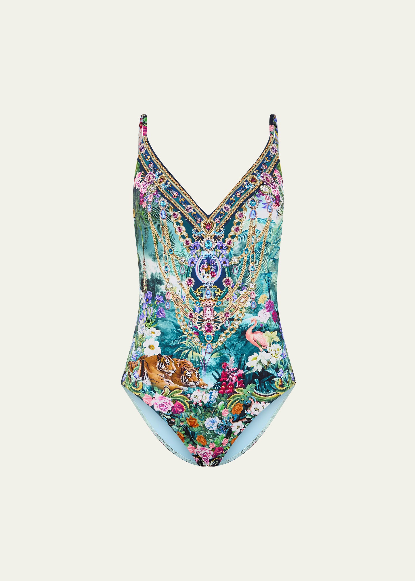 Basked in Baroque V-Neck Underwire One-Piece Swimsuit - 1