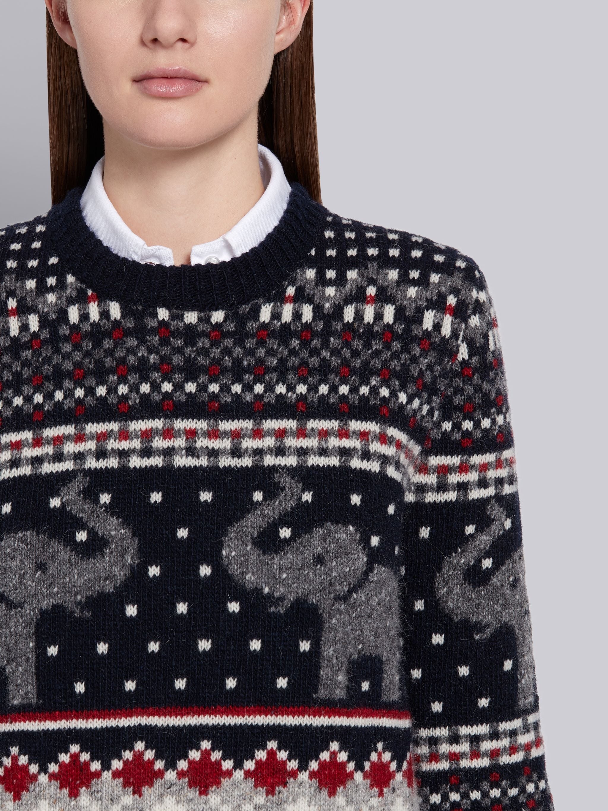 Navy Mohair Wool Elephant Icon Fair Isle Crewneck Pullover - 5