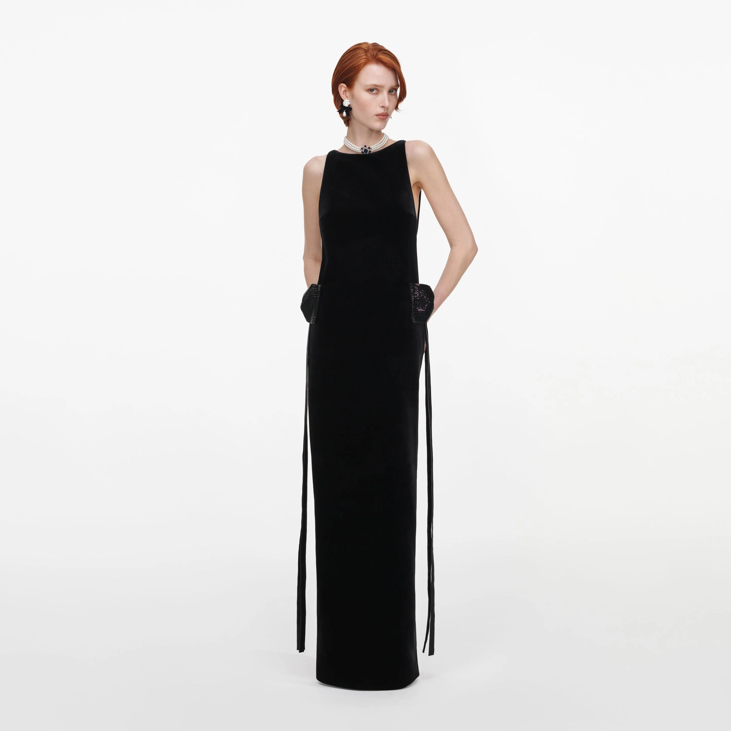 Black Velvet Bow Sides Maxi Dress - 1
