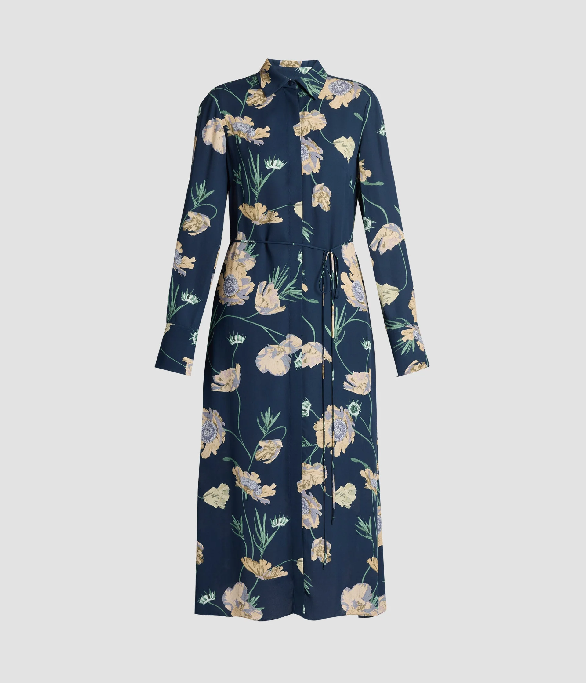 FLORAL CREPE LONG SLEEVE MIDI SHIRT DRESS - 1