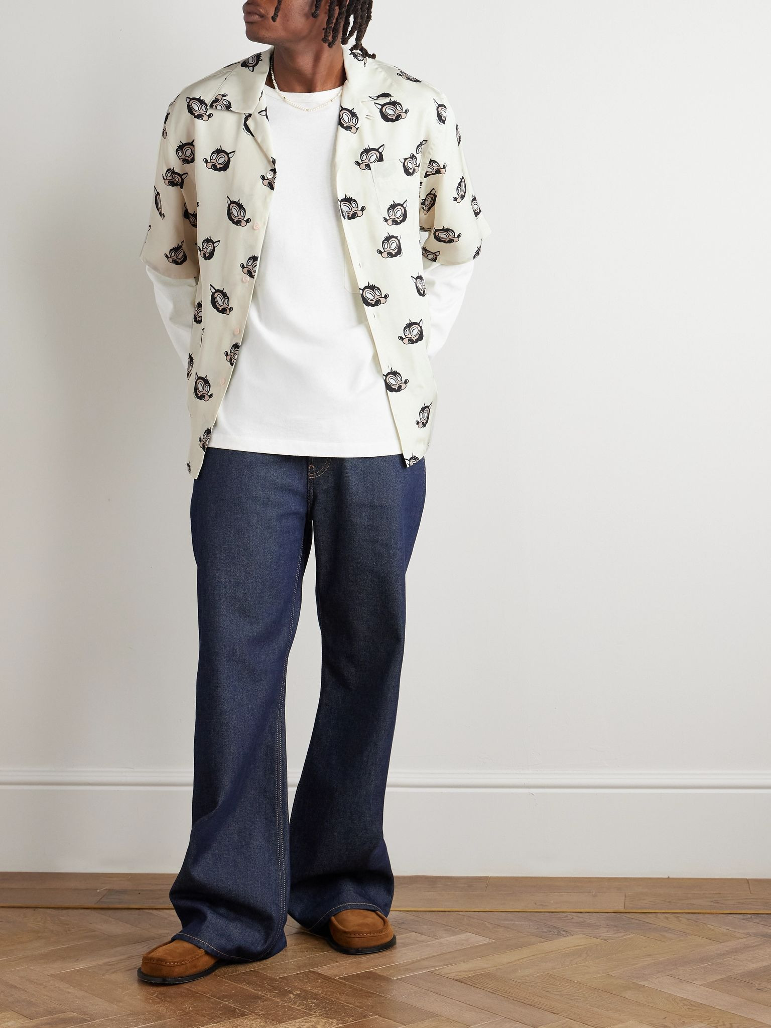 Wolves Convertible-Collar Printed Satin-Twill Shirt Off-white - 2