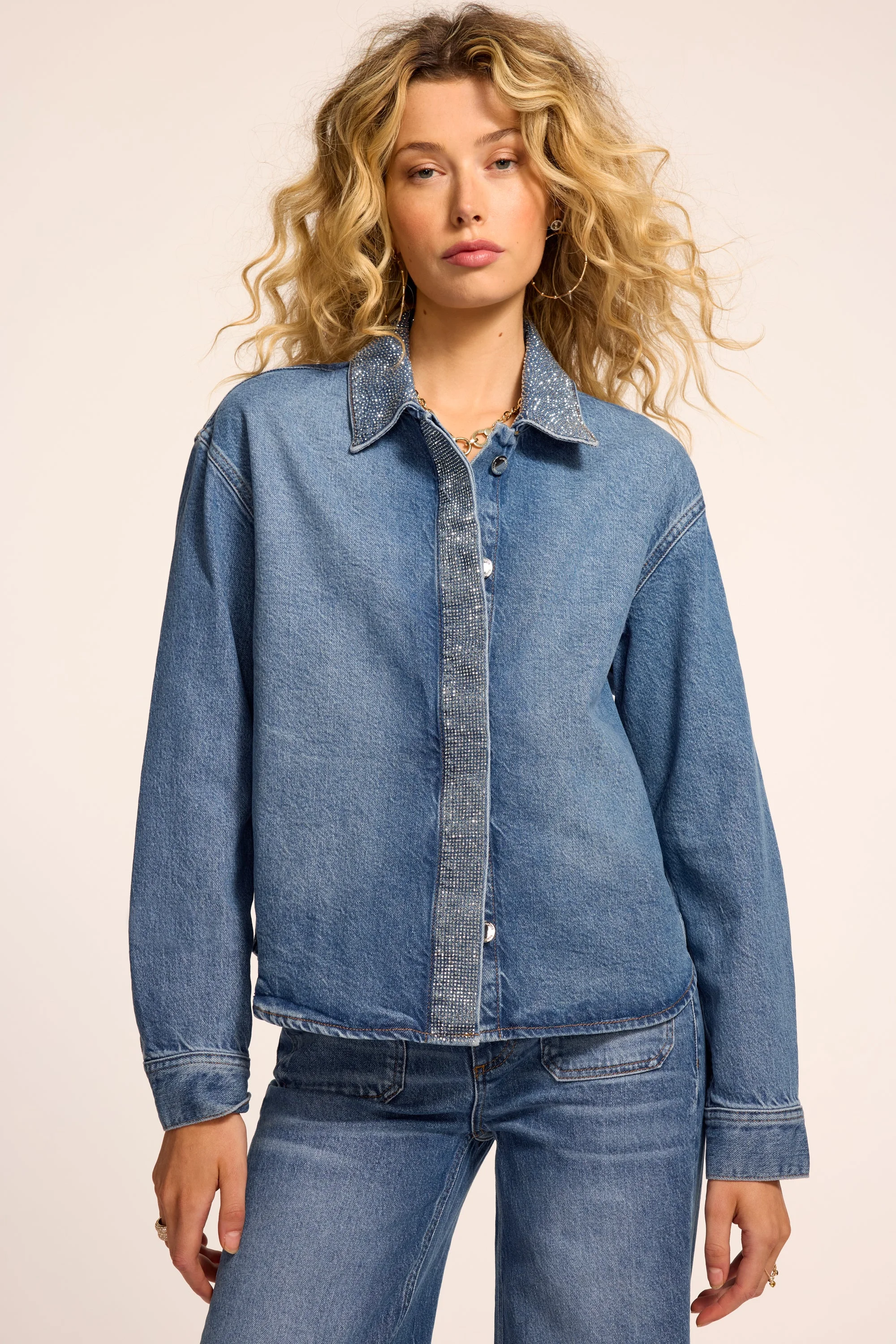 Alison Embellished Denim Button Down Top - 1