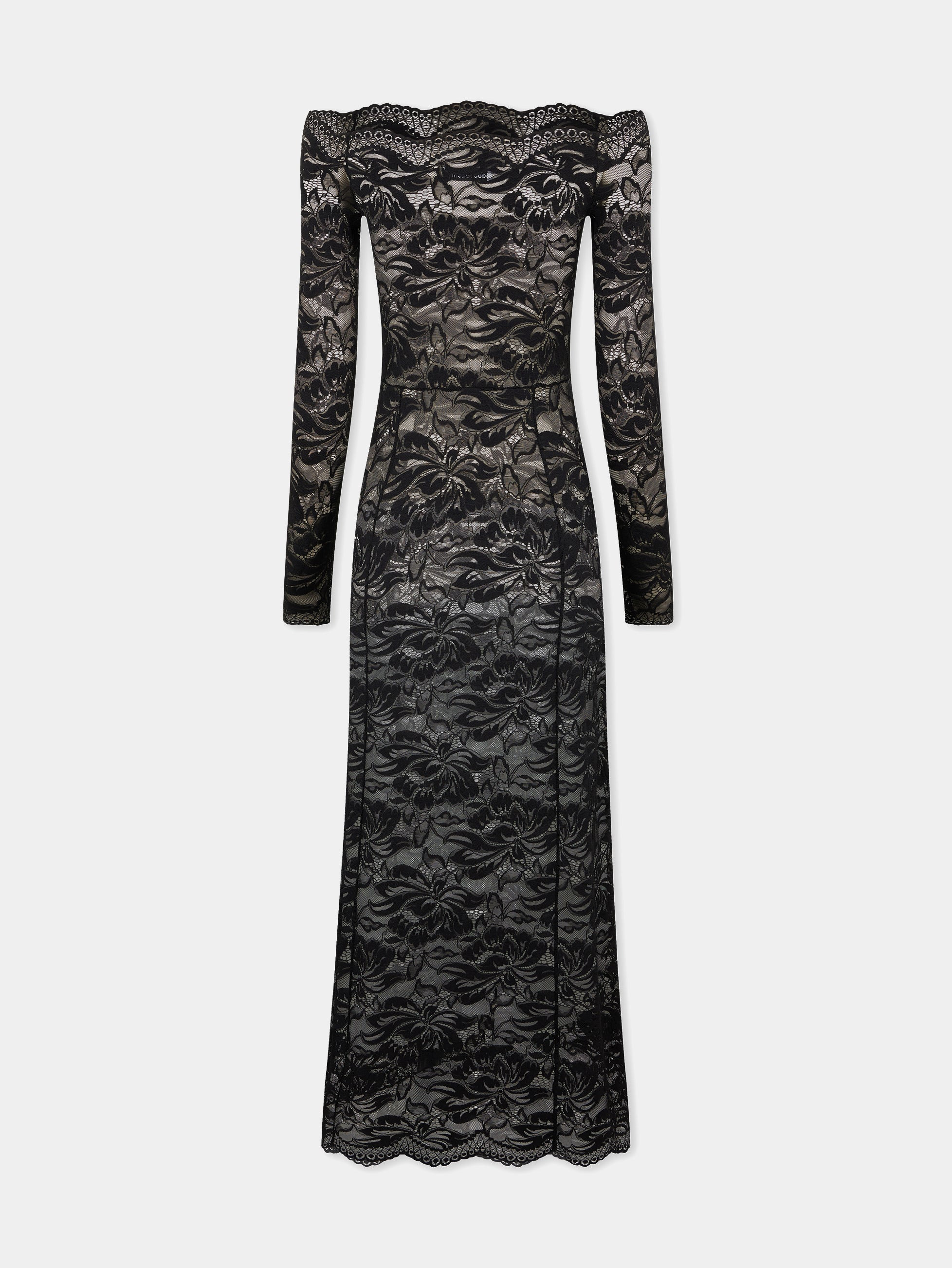 LONG BLACK LACE DRESS WITH BARDOT COLLAR - 5