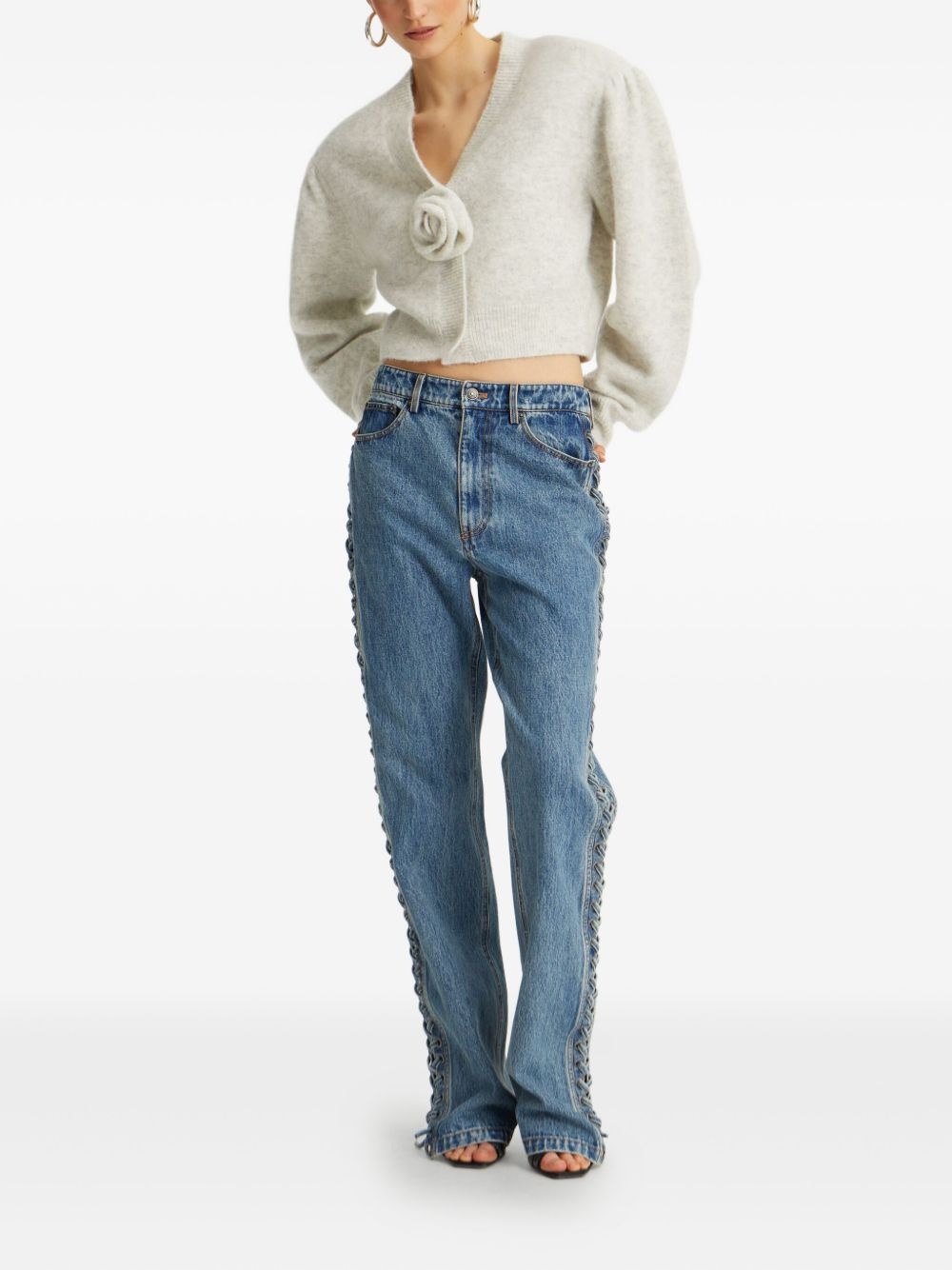 puff-sleeve rose-embellished cardigan - 2