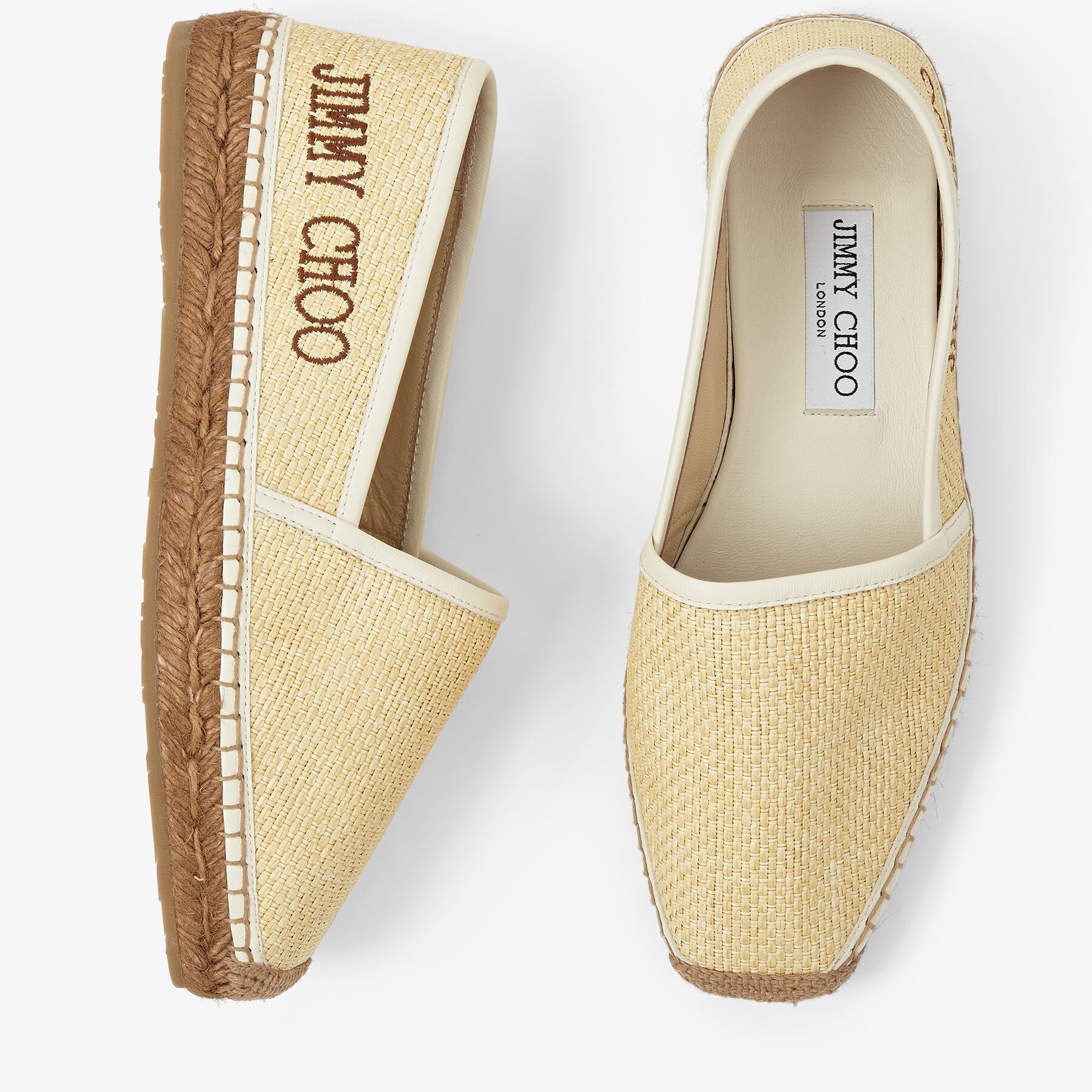 Dru Flat
Natural Raffia and Dark Tan Leather Espadrilles with Dark Tan Jimmy Choo Lettering - 5
