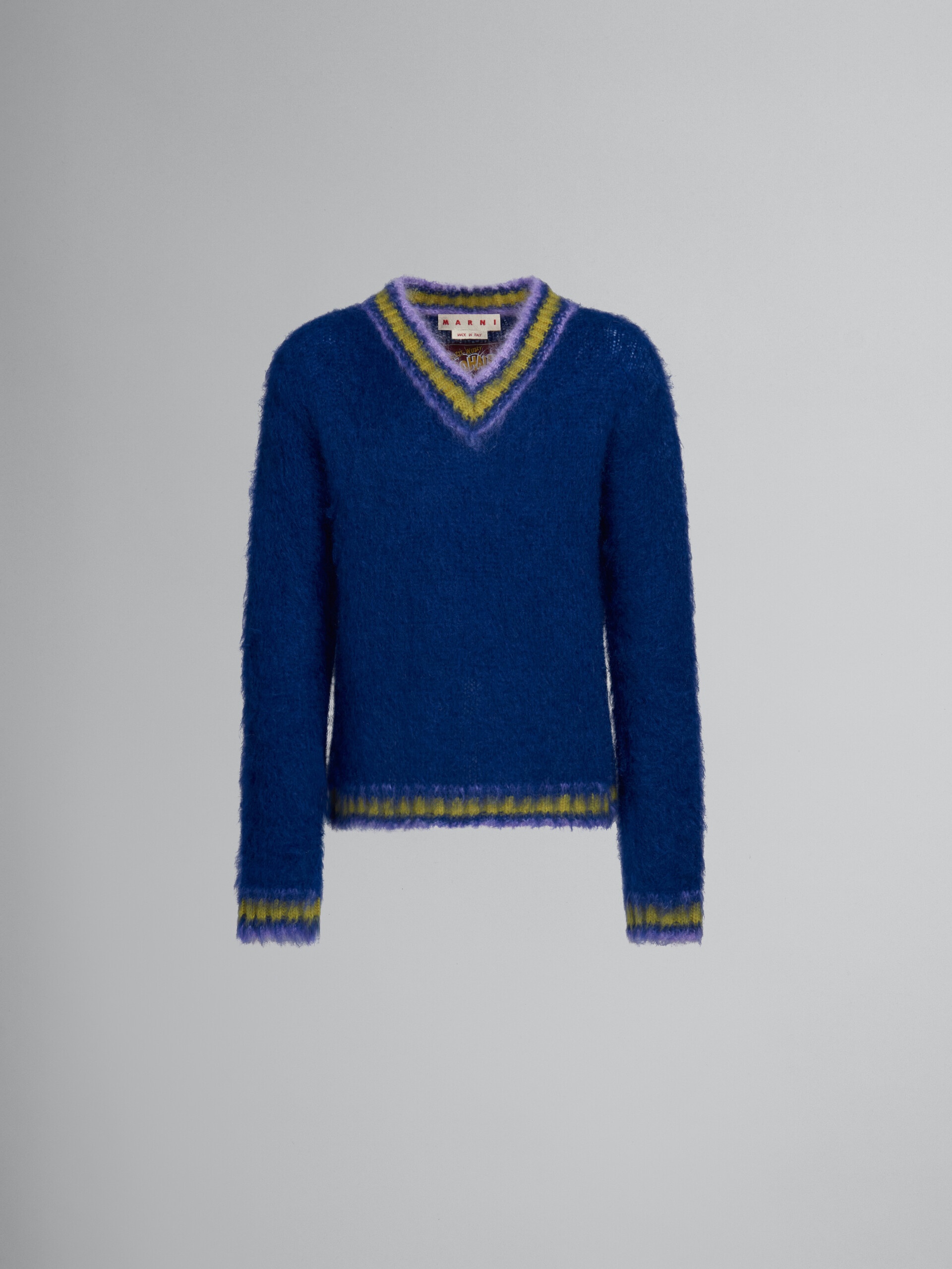 BLUE MOHAIR JUMPER WITH STRIPED TRIMS - 1