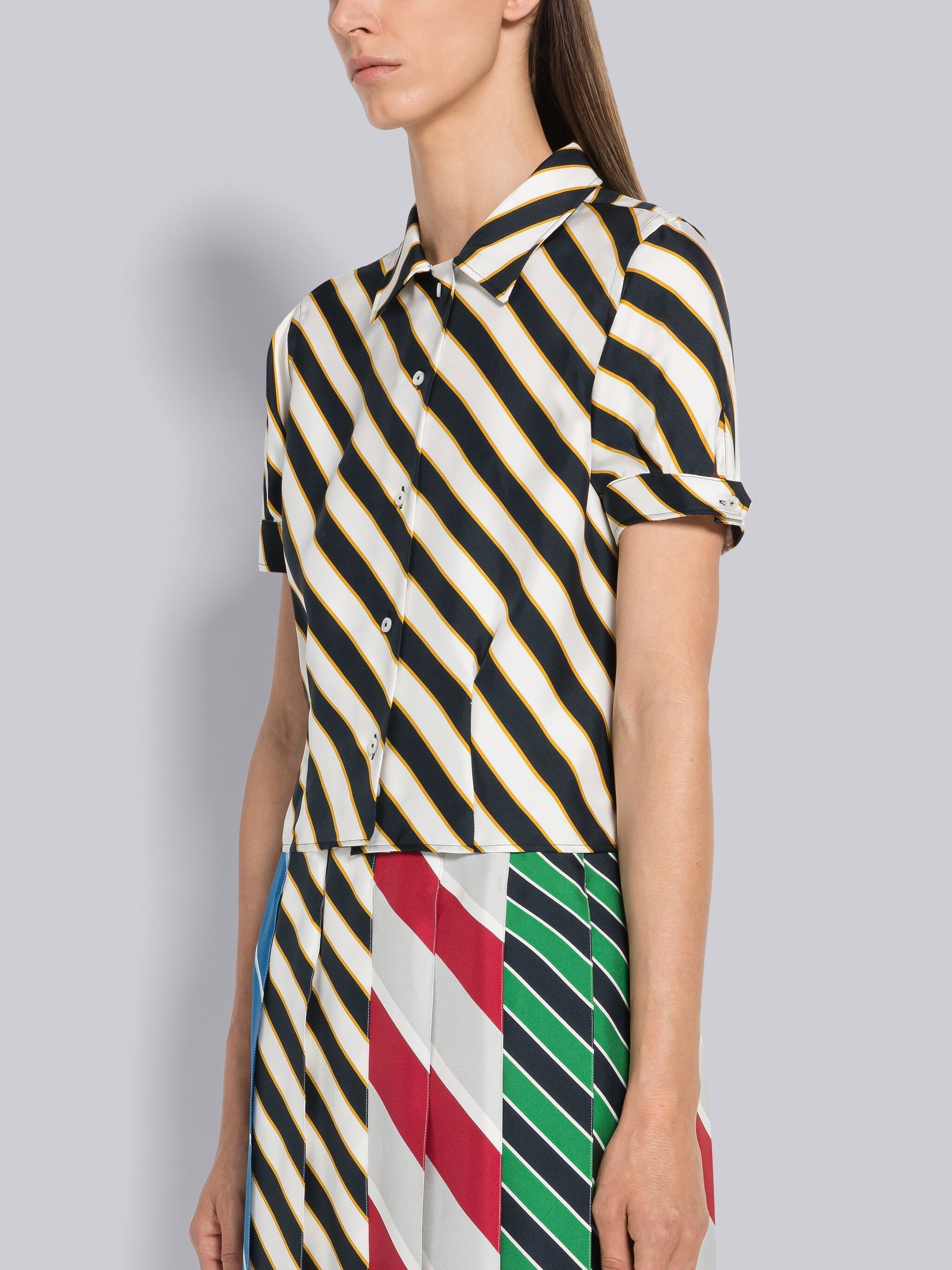 Awning Stripe Silk Twill Short Sleeve Tucked Blouse - 2