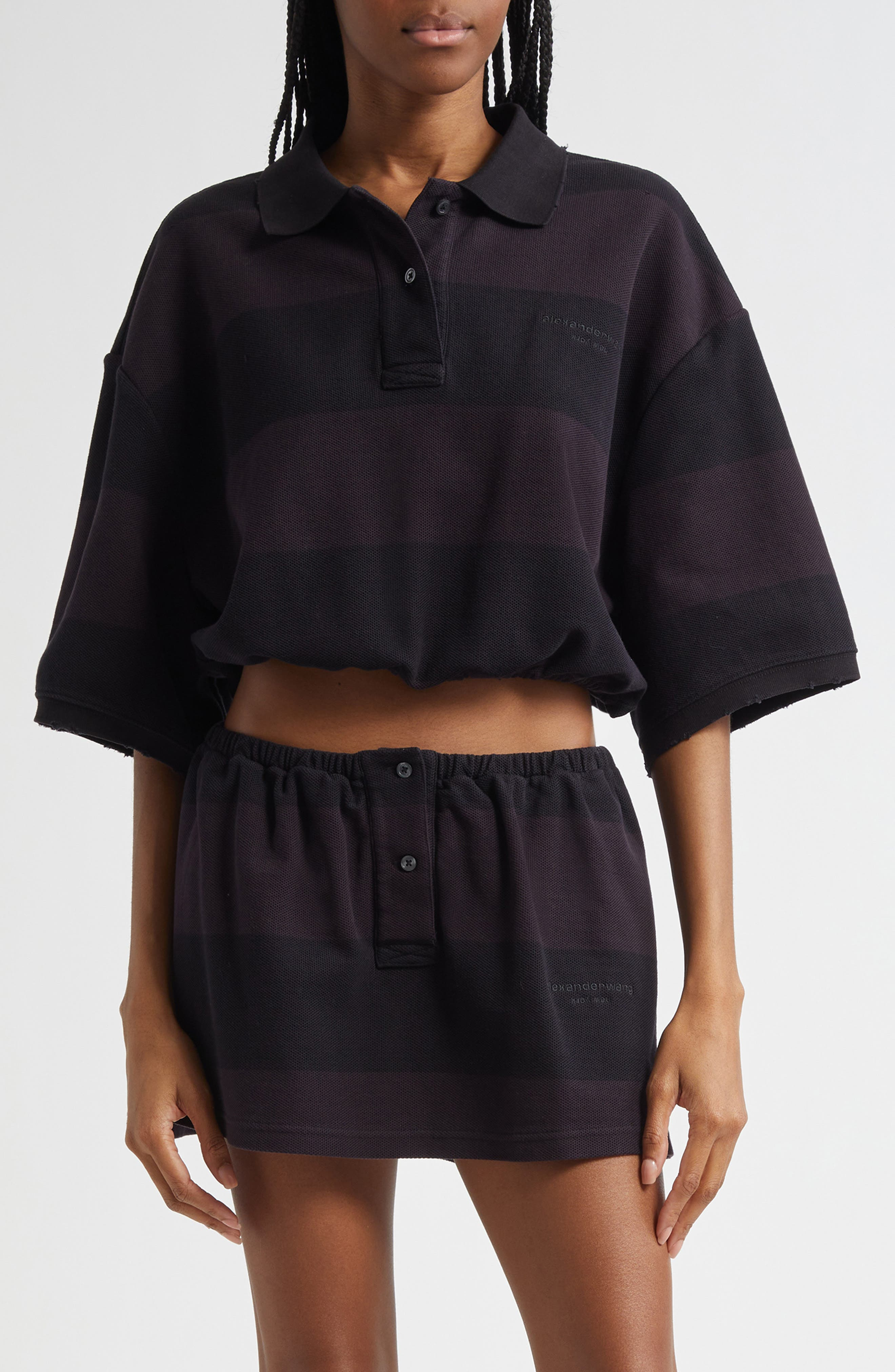 Alexander Wang Deconstructed Crop Piqué Polo in Black Overdyed Stripe at Nordstrom - 1