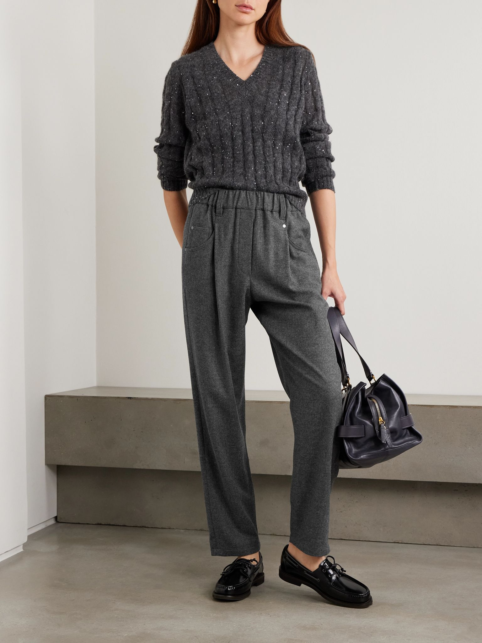 Cropped pleated virgin wool and cashmere-blend pants Gray - 2