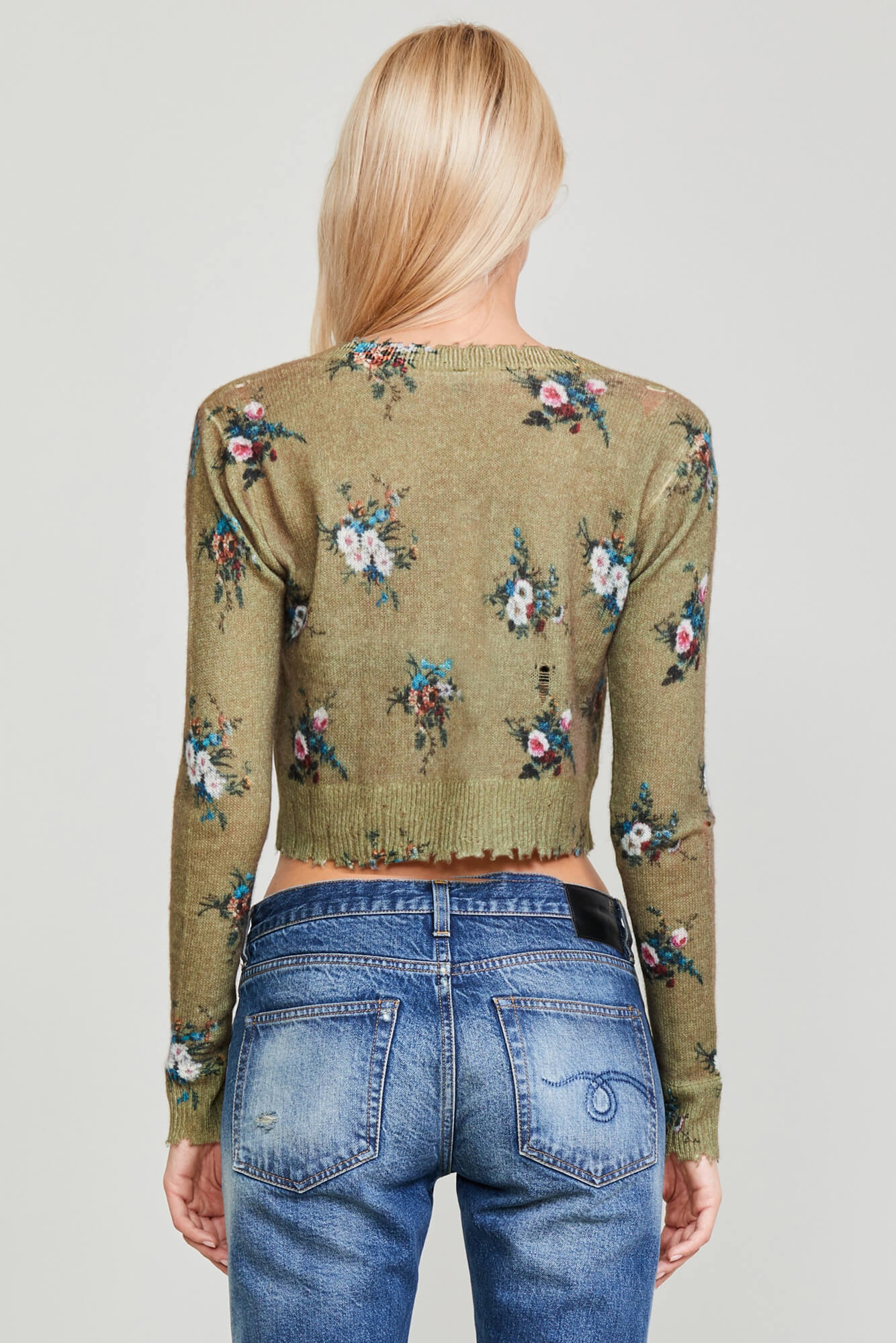 DISTRESSED CASHMERE BABY CARDIGAN - FLORAL ON OLIVE - 4