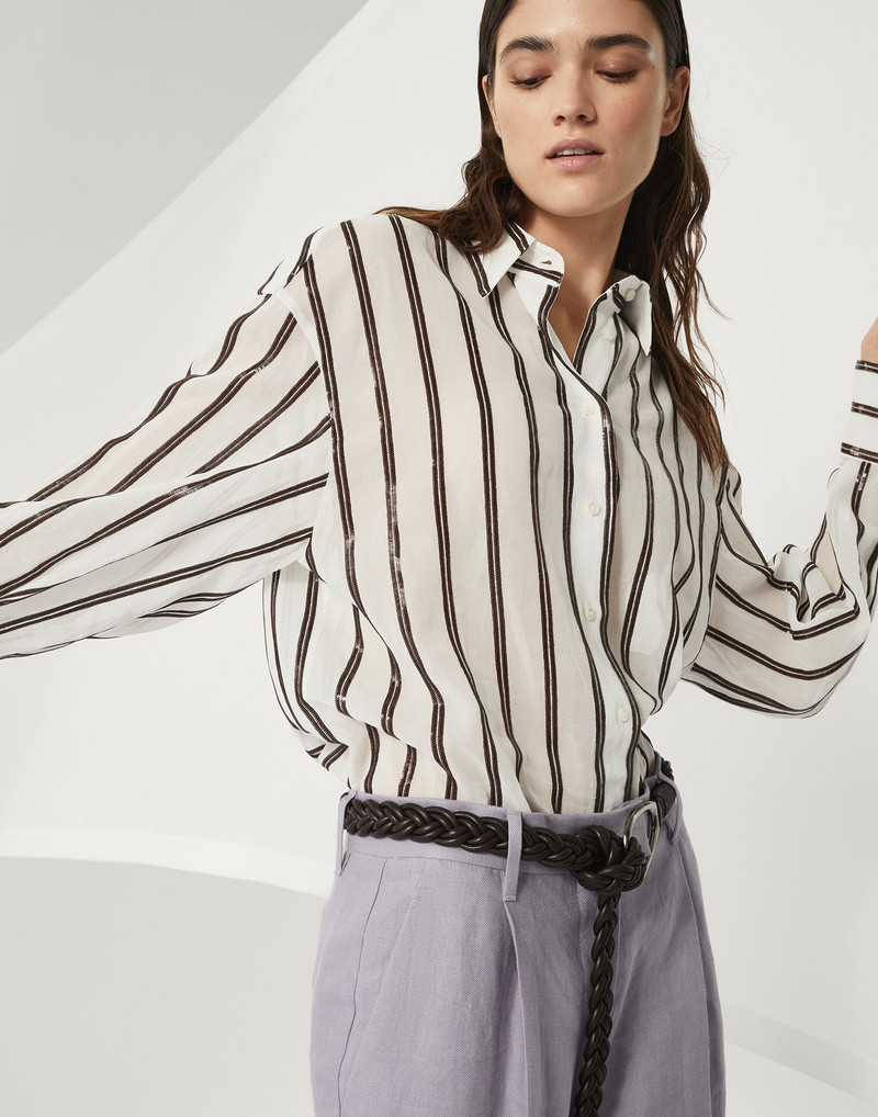 Cotton organza shirt with dazzling stripe embroidery 4