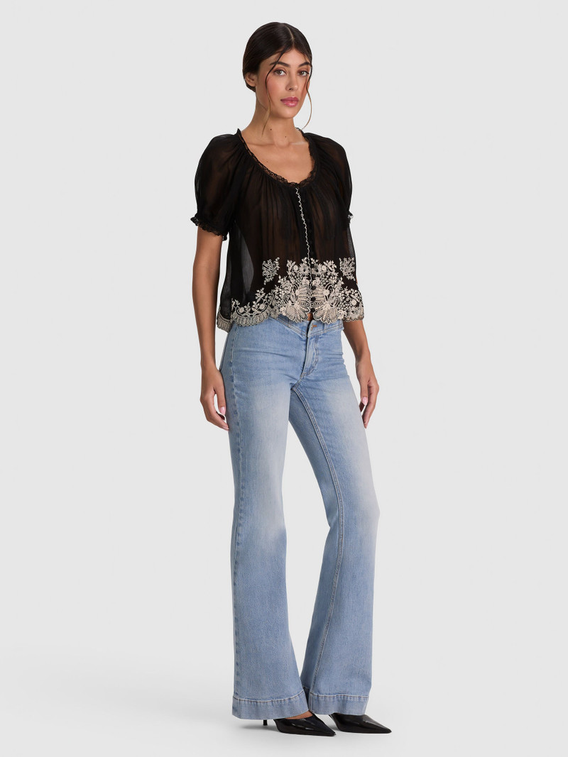 ODETTE EMRBOIDERED PUFF SLEEVE TOP - BLACK/VANILLA 6