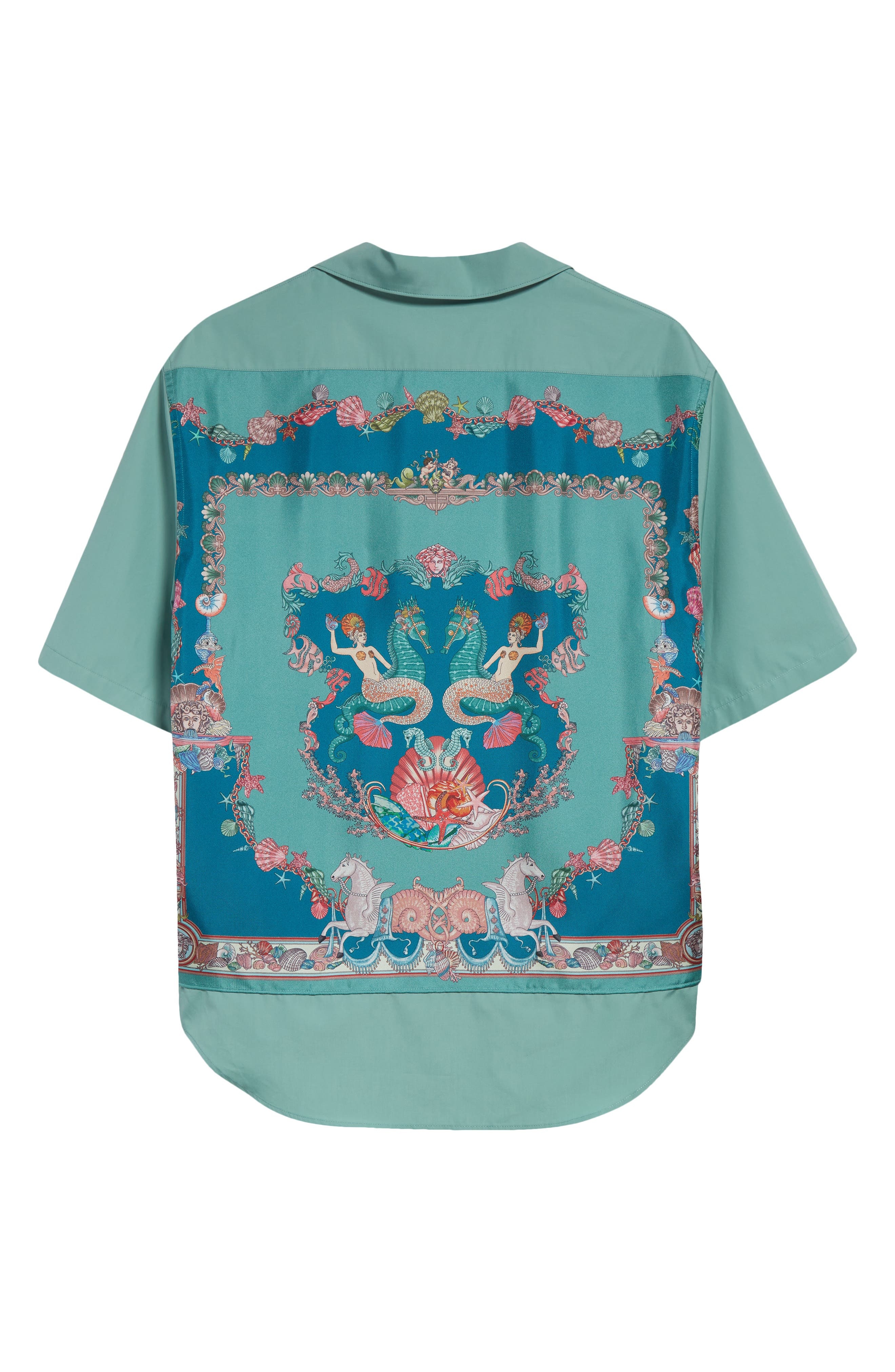 Versace Coral Theater Cotton Poplin & Silk Camp Shirt in Sea Green Dark Sea Green at Nordstrom - 8