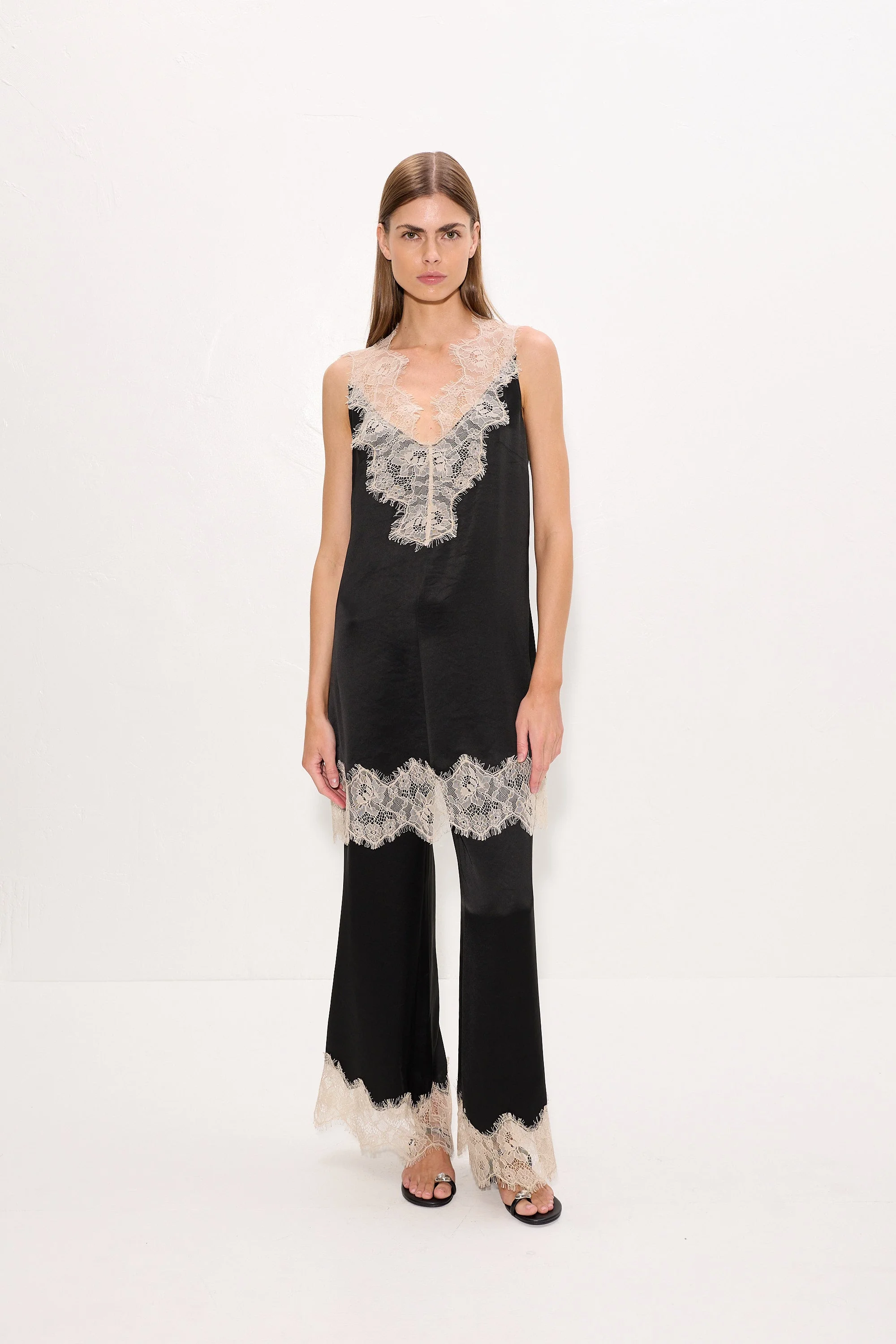 Nella Satin Lace Pant In Black/Bone - 1