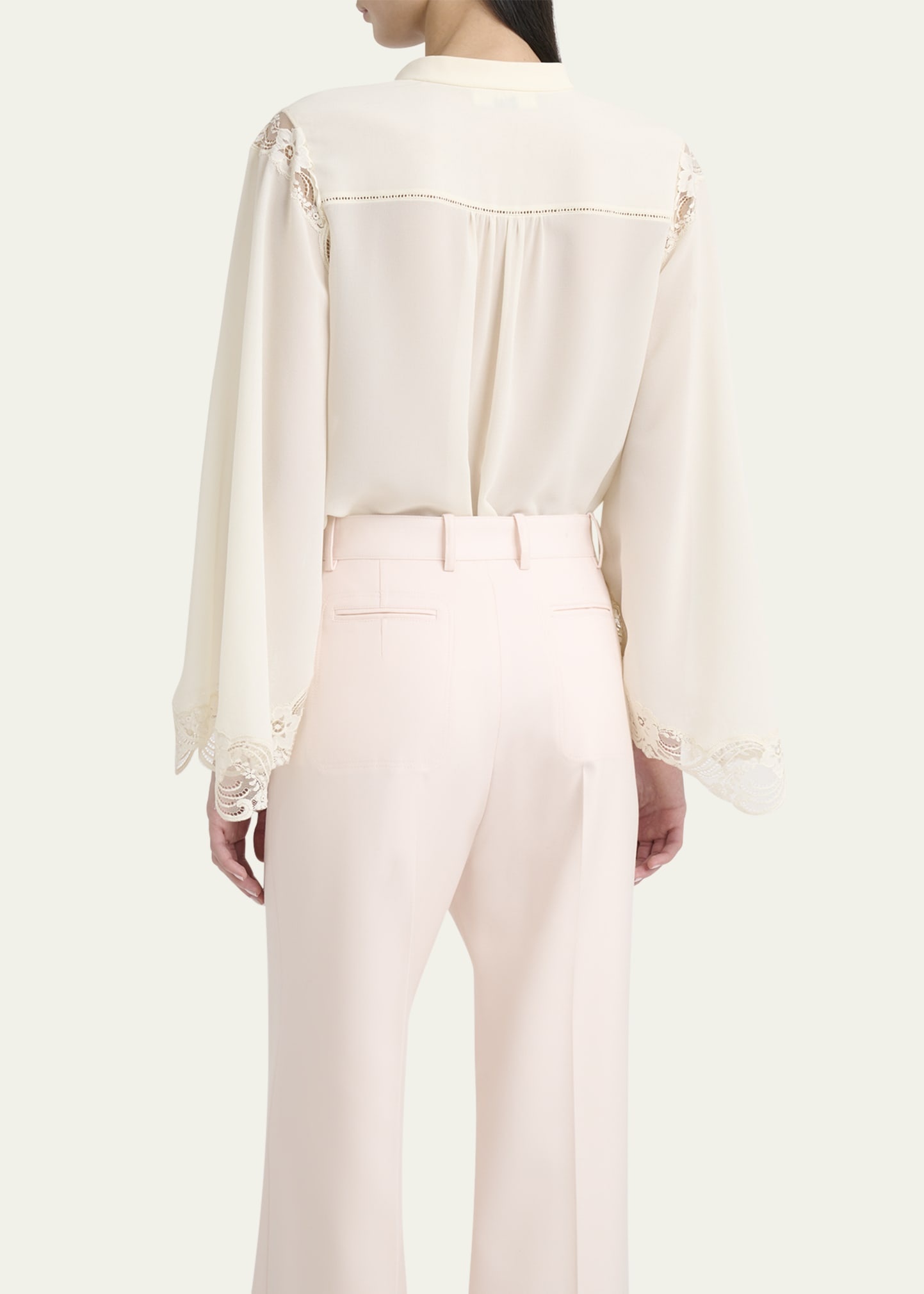 Lace Placket Tulip-Sleeve Silk Blouse - 3
