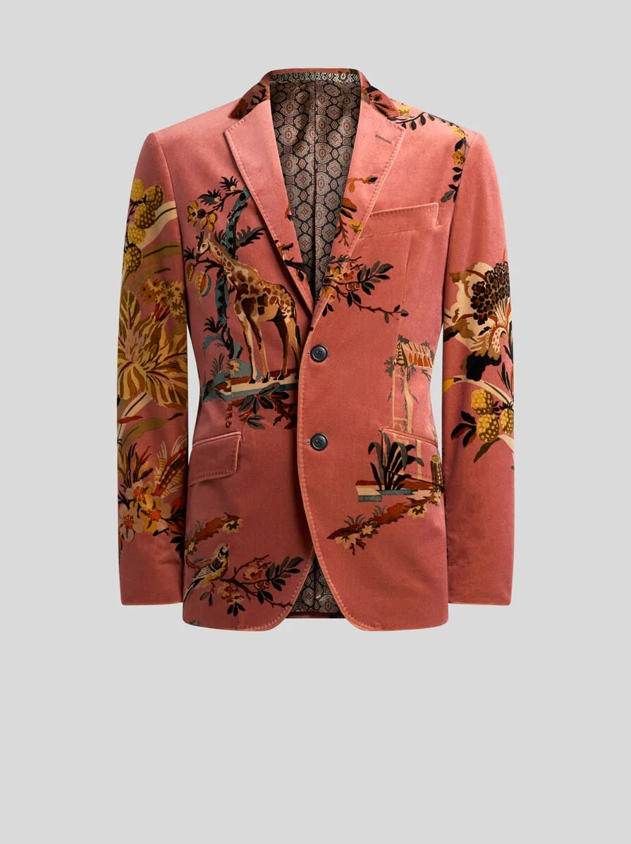 SINGLE-BREASTED COTTON VELVET JACKET WITH PLACED FLOWER AND ANIMAL PRINT - 1