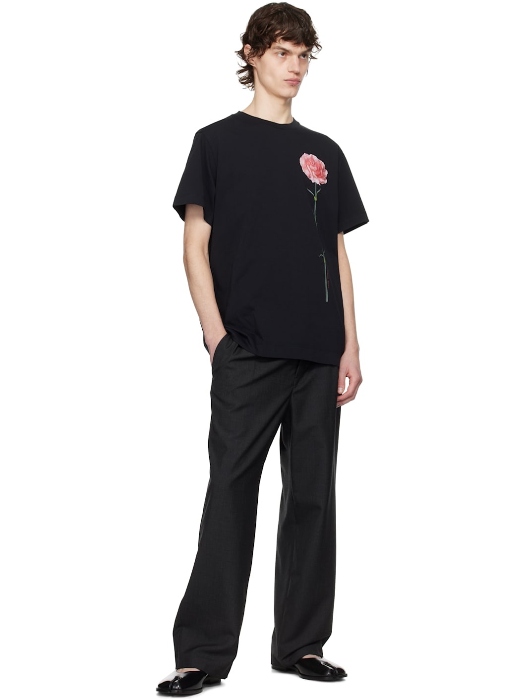 Black Carnation Print Short Sleeve T-shirt - 4