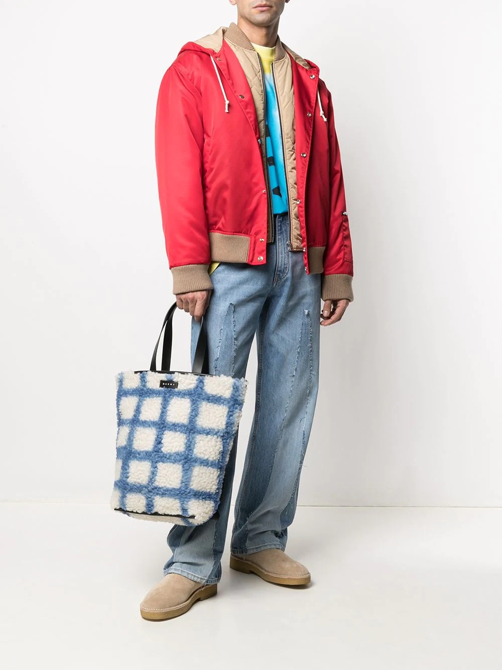 shearling check-print tote bag - 2