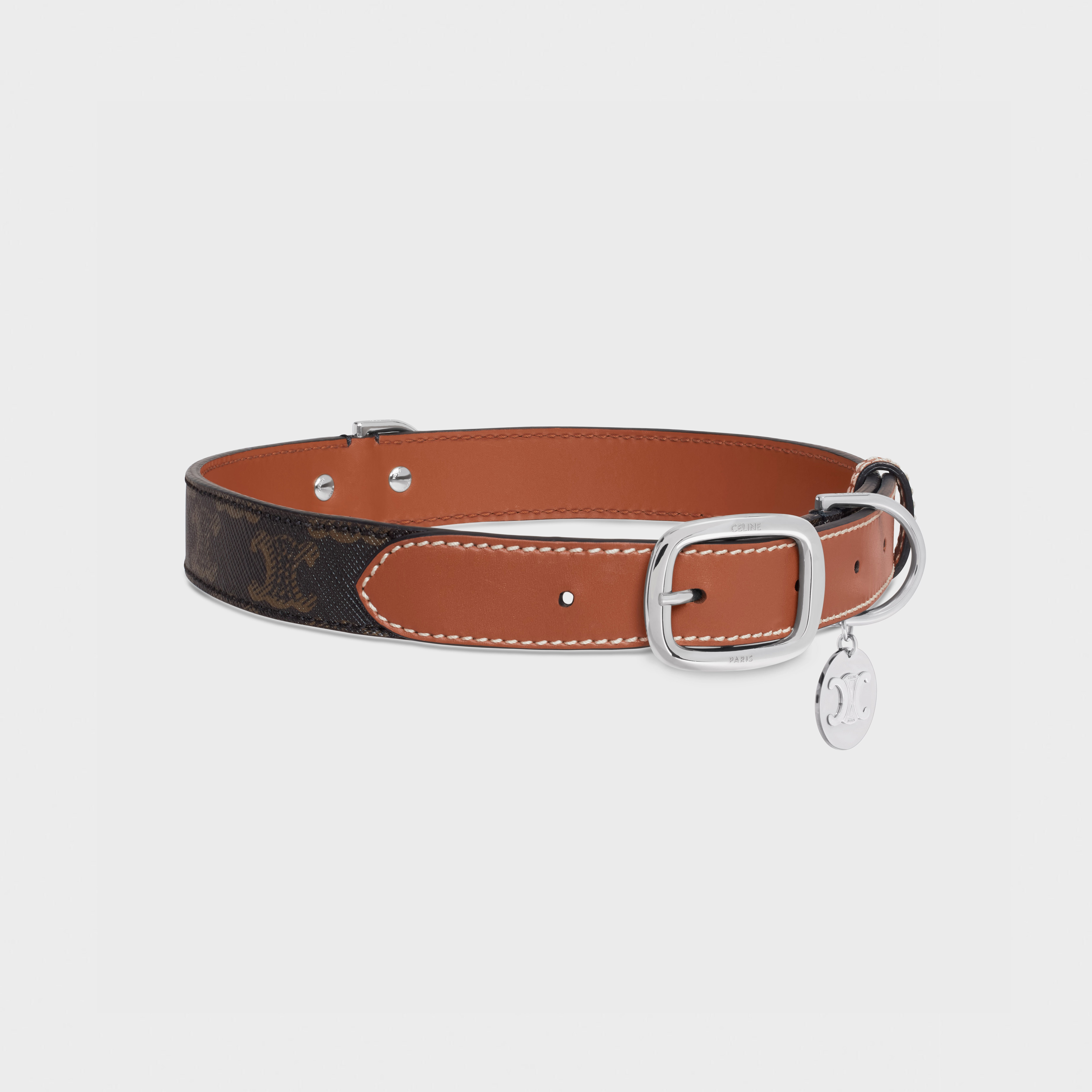 Celine - Wide Large Dog Collar in Triomphe Canvas and Calfskin Leather - Beige / Black / Brown - for Women