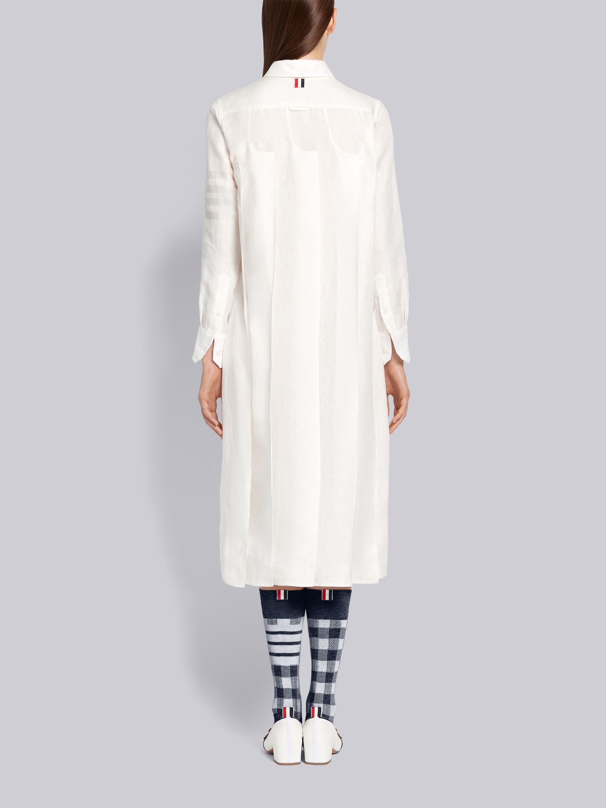 White Crispy Linen Inverted Pleat Below the Knee Tonal 4-Bar Dress - 3