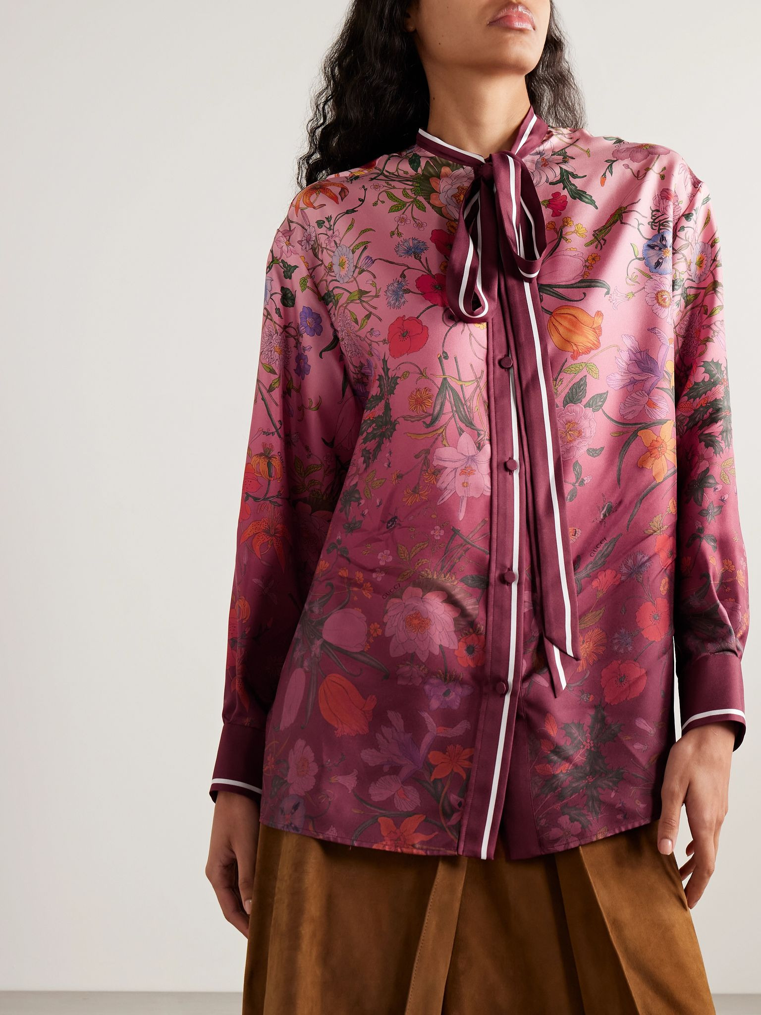 Pussy-bow floral-print silk-twill shirt Red - 3