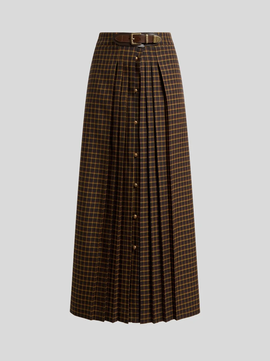 WOOL MAXI SKIRT WITH PLEATING AND CHECK MOTIF - 1