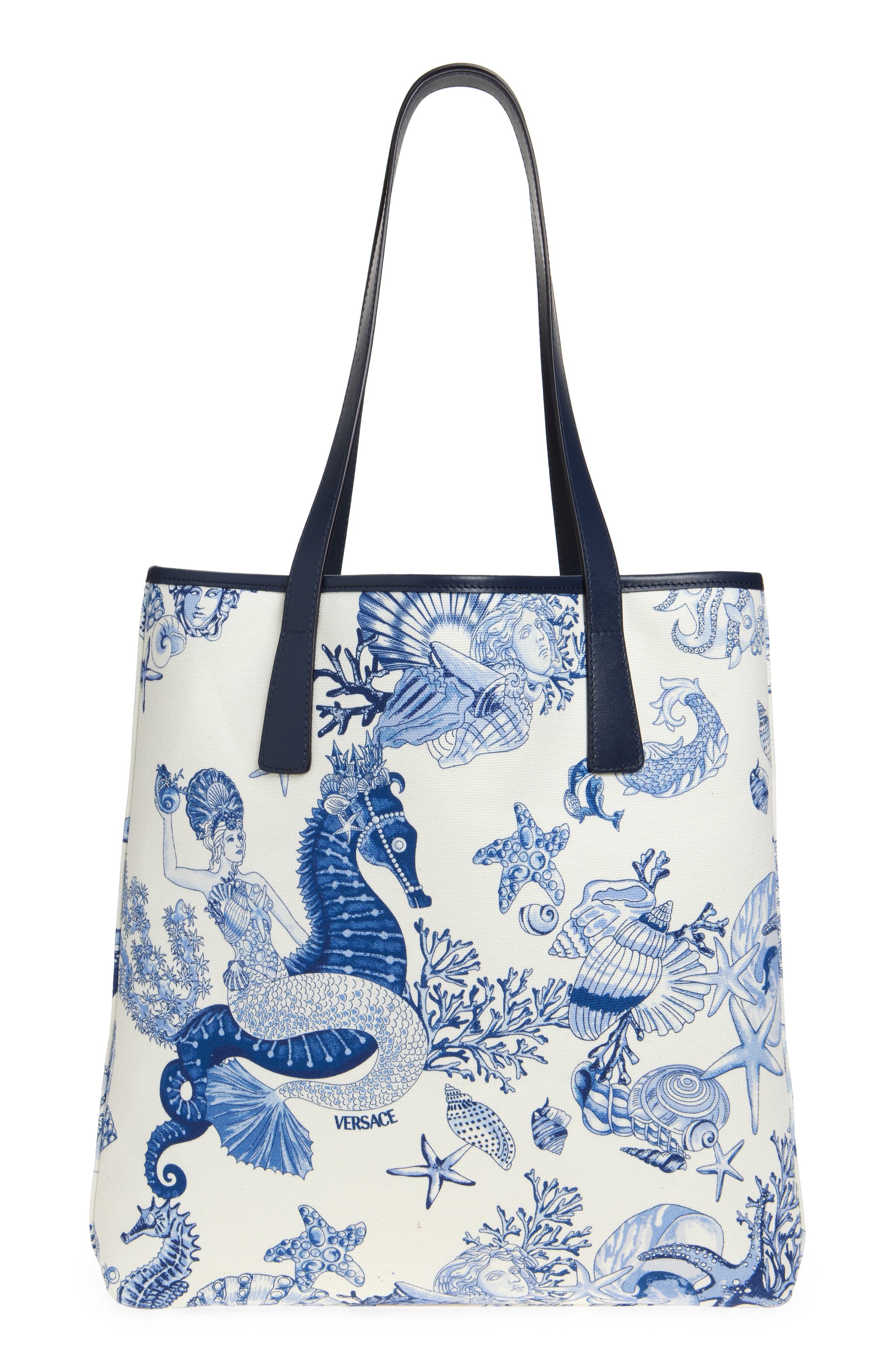 Versace Coral Theater Print Canvas Tote in White Blue Versace Gold at Nordstrom - 4