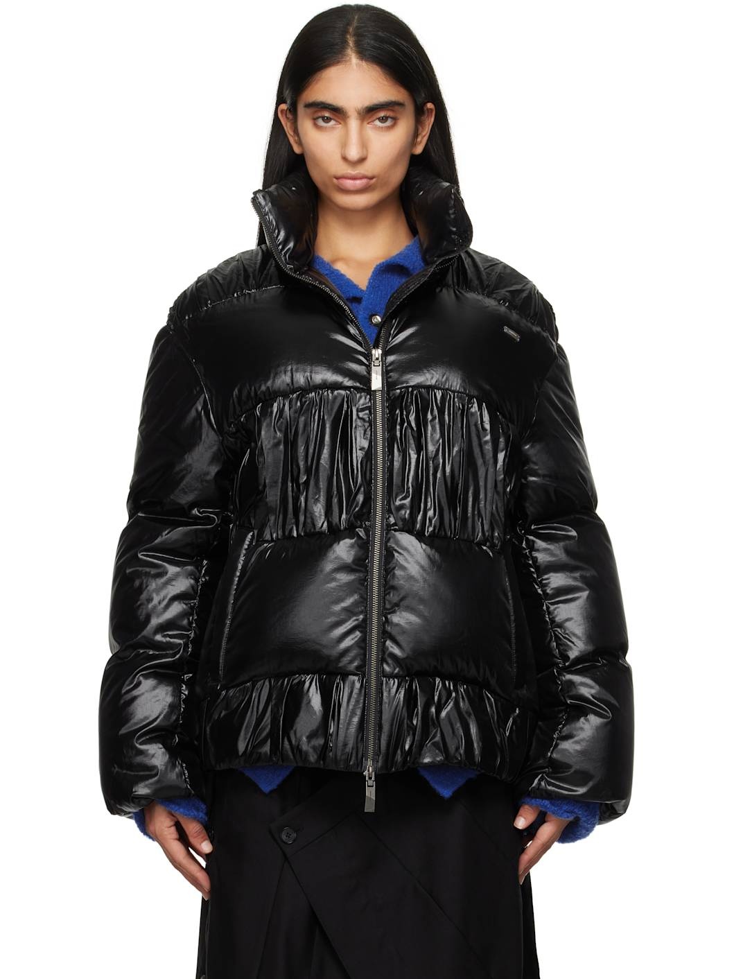 Black Gathered Down Jacket - 1