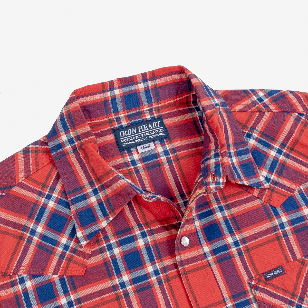 IHSH-359-RED 5oz Selvedge Madras Check Short Sleeved Western Shirt - Red - 8