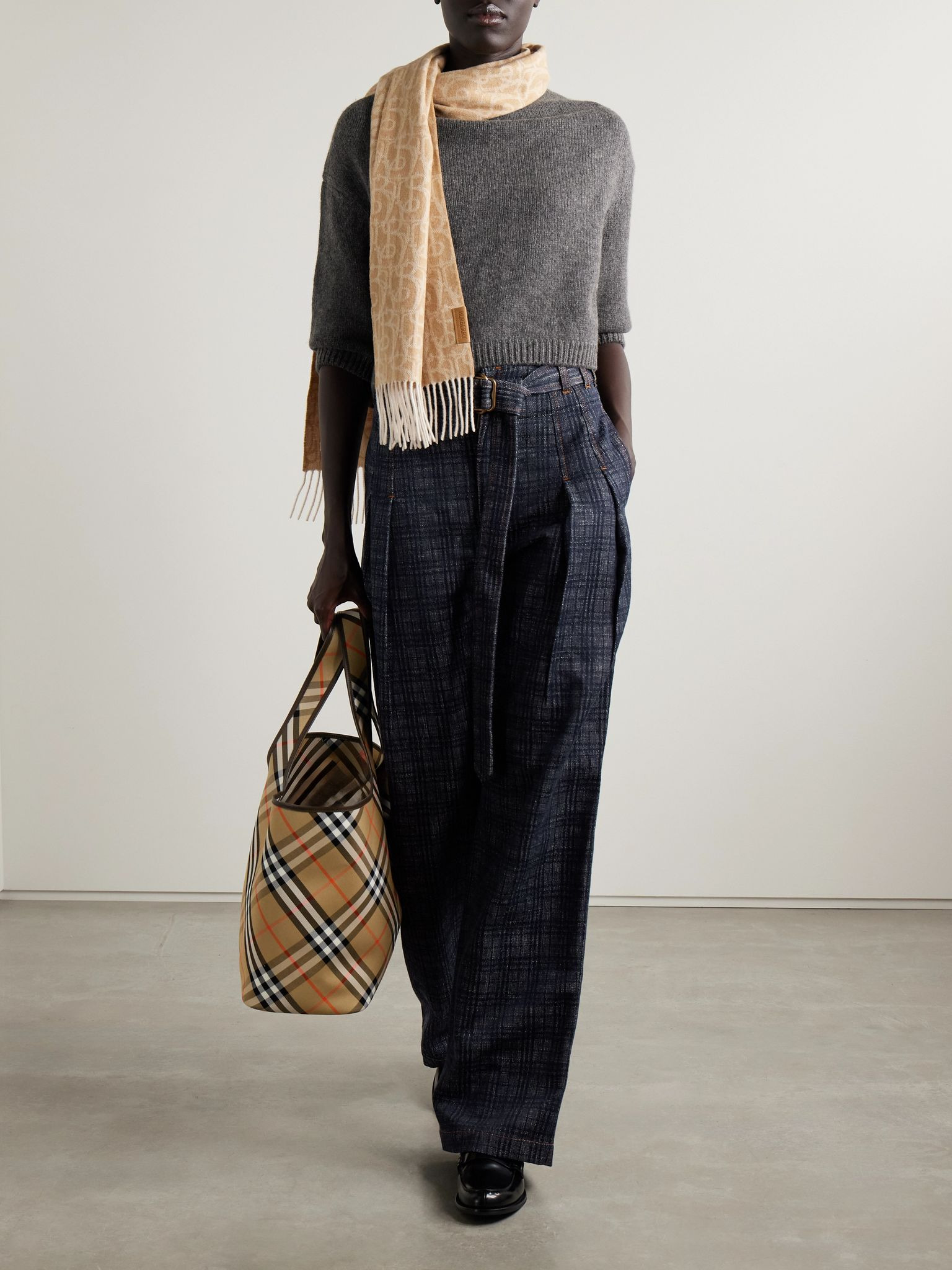 Belted pleated cotton-tweed wide-leg pants Navy - 2