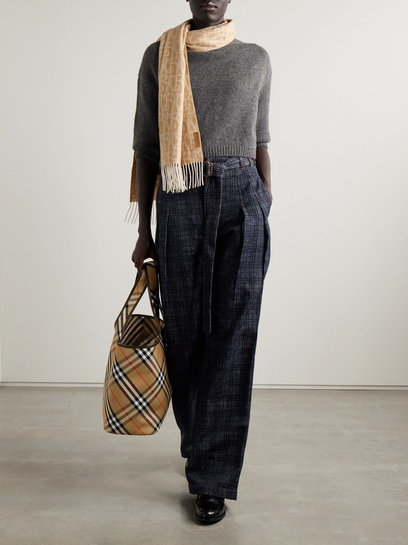Burberry Belted pleated cotton-tweed wide-leg pants Navy outlook