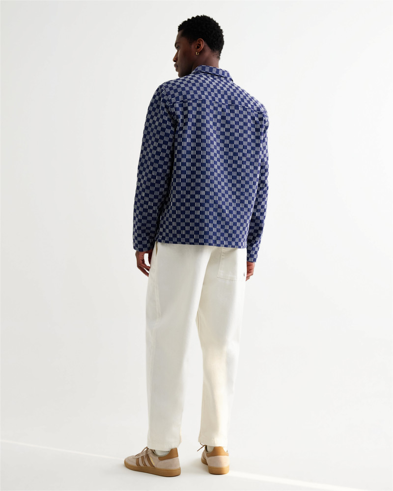 Breton - Indigo And Ecru Geometric Grid Stitch Overshirt 7