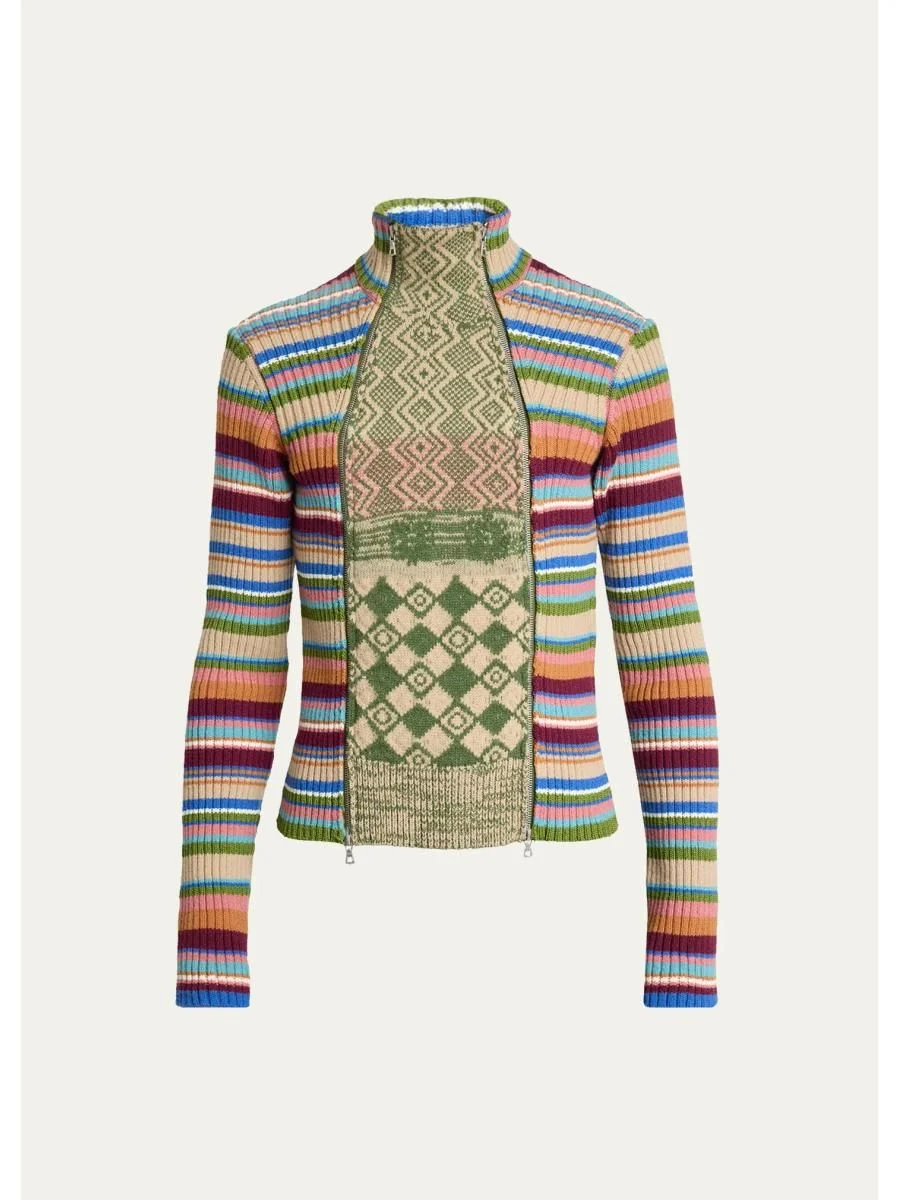 Striped Wool Rib-Knit Cardigan - 1