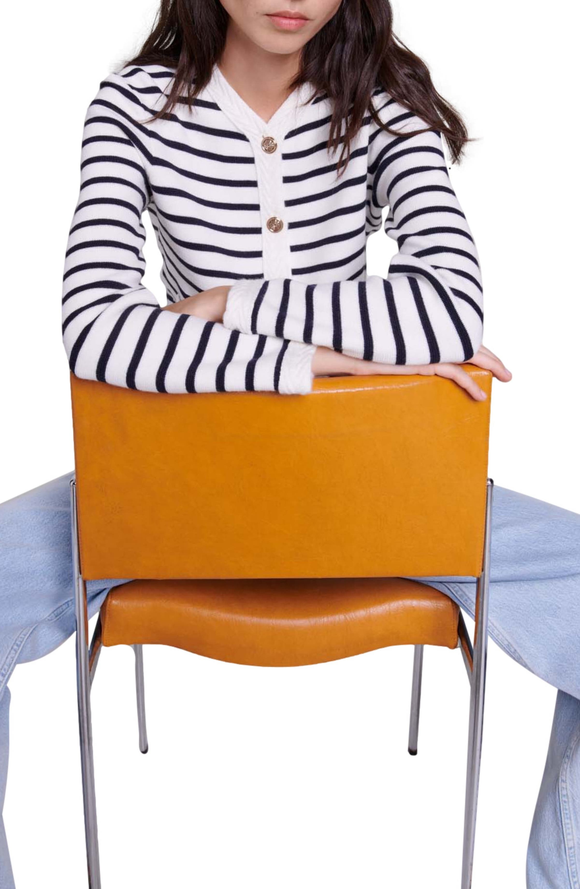 maje Striped knit cardigan in Navy /Ecru at Nordstrom - 5