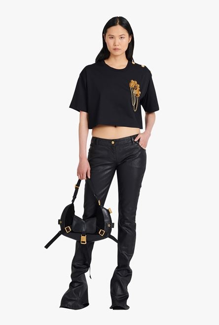 Cropped black and gold cotton T-shirt - 2