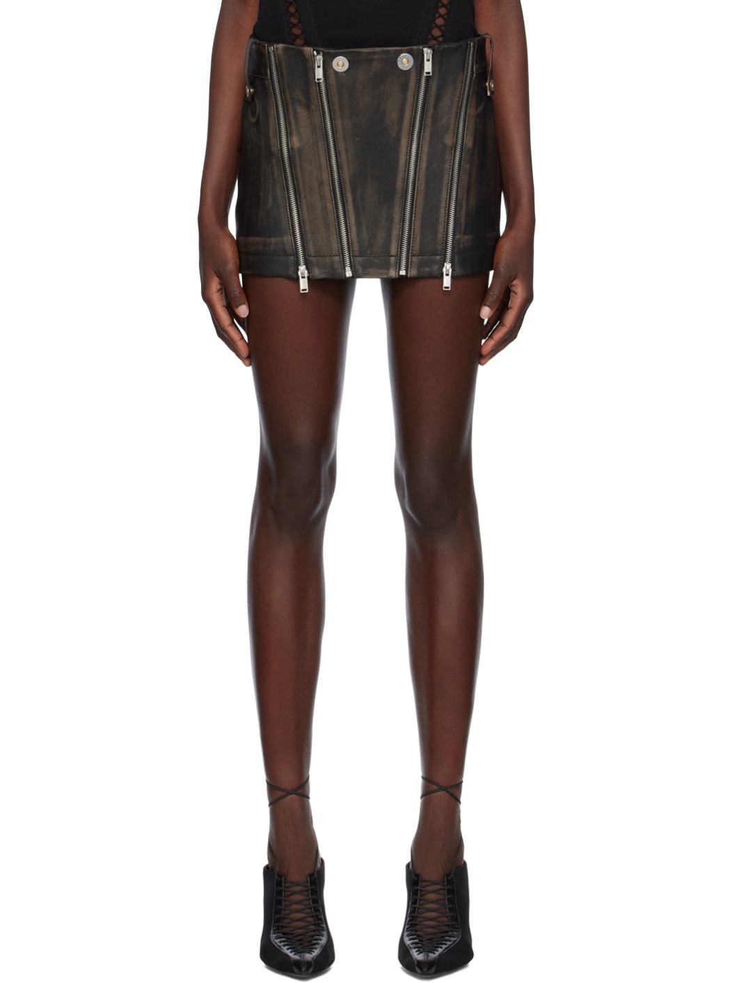 Black Zip Leather Miniskirt - 1