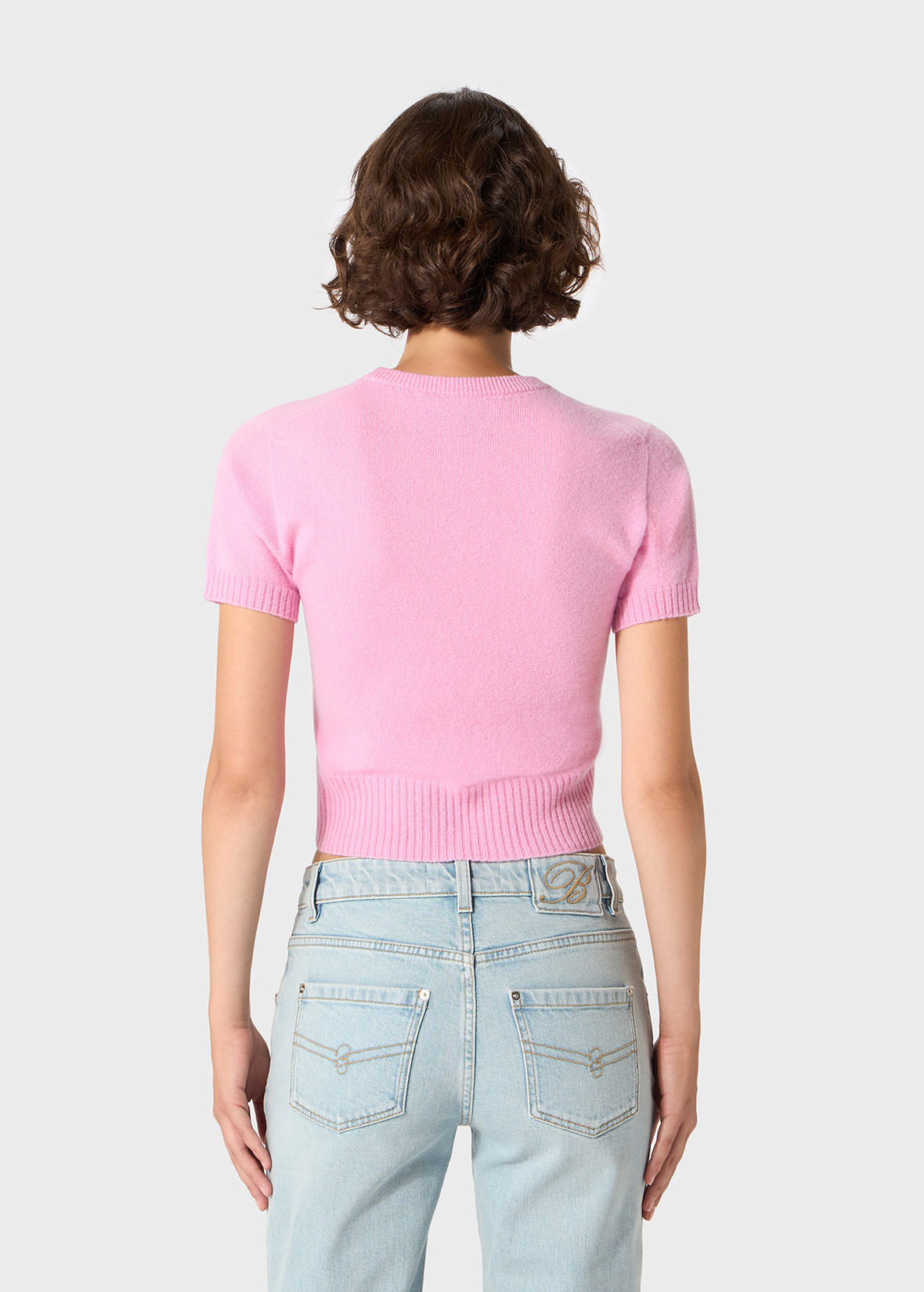 CASHMERE CROPPED SWEATER WITH BLUMARINE RHINESTONE LOGO - 4