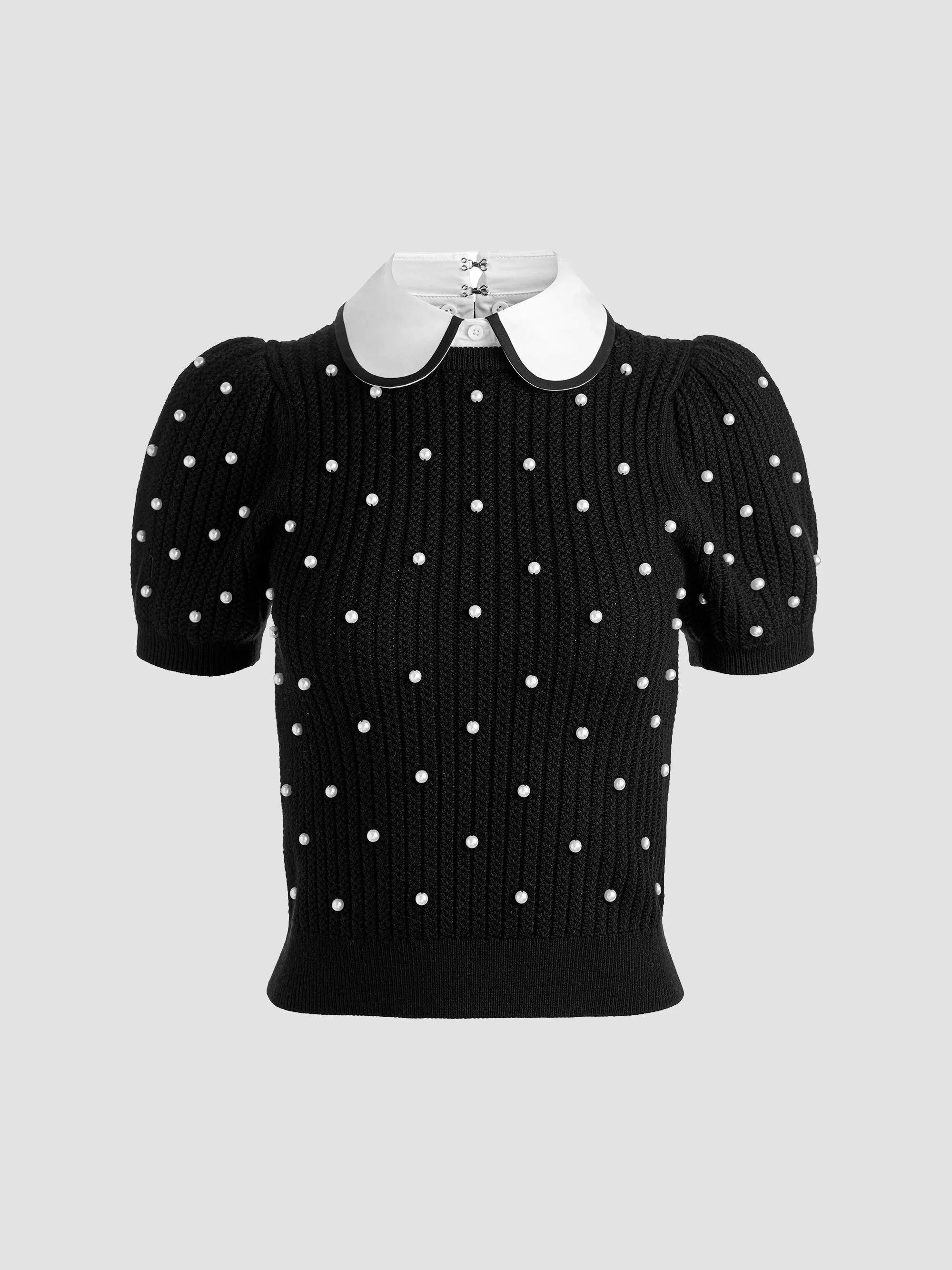Women's Chase Embellished Stretch-Wool Puff-Sleeve Sweater - Black Soft White - 1