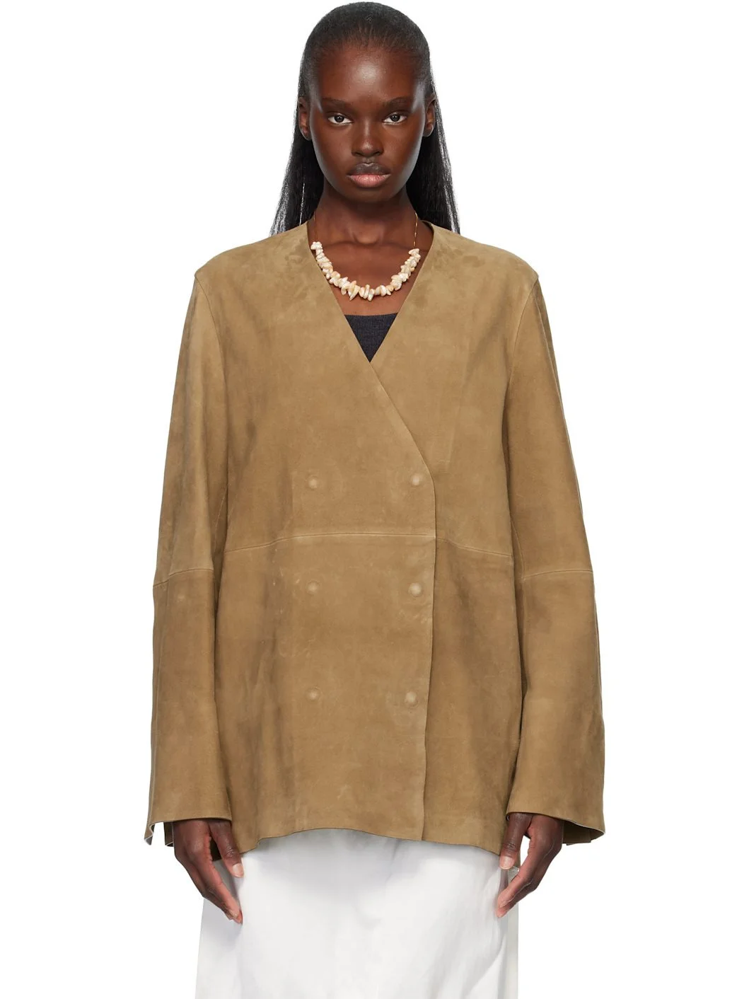 Tan V-Neck Suede Blazer - 1