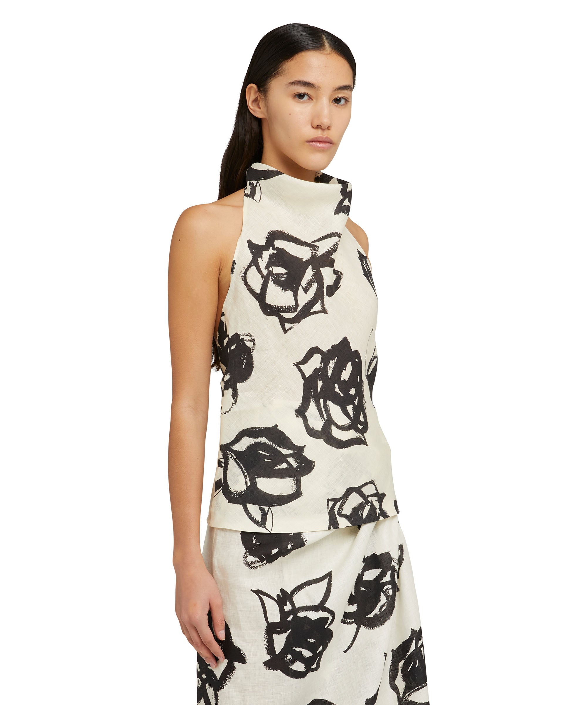 Blended linen sleeveless top with hooded collar and  brushstroke rose print - 3
